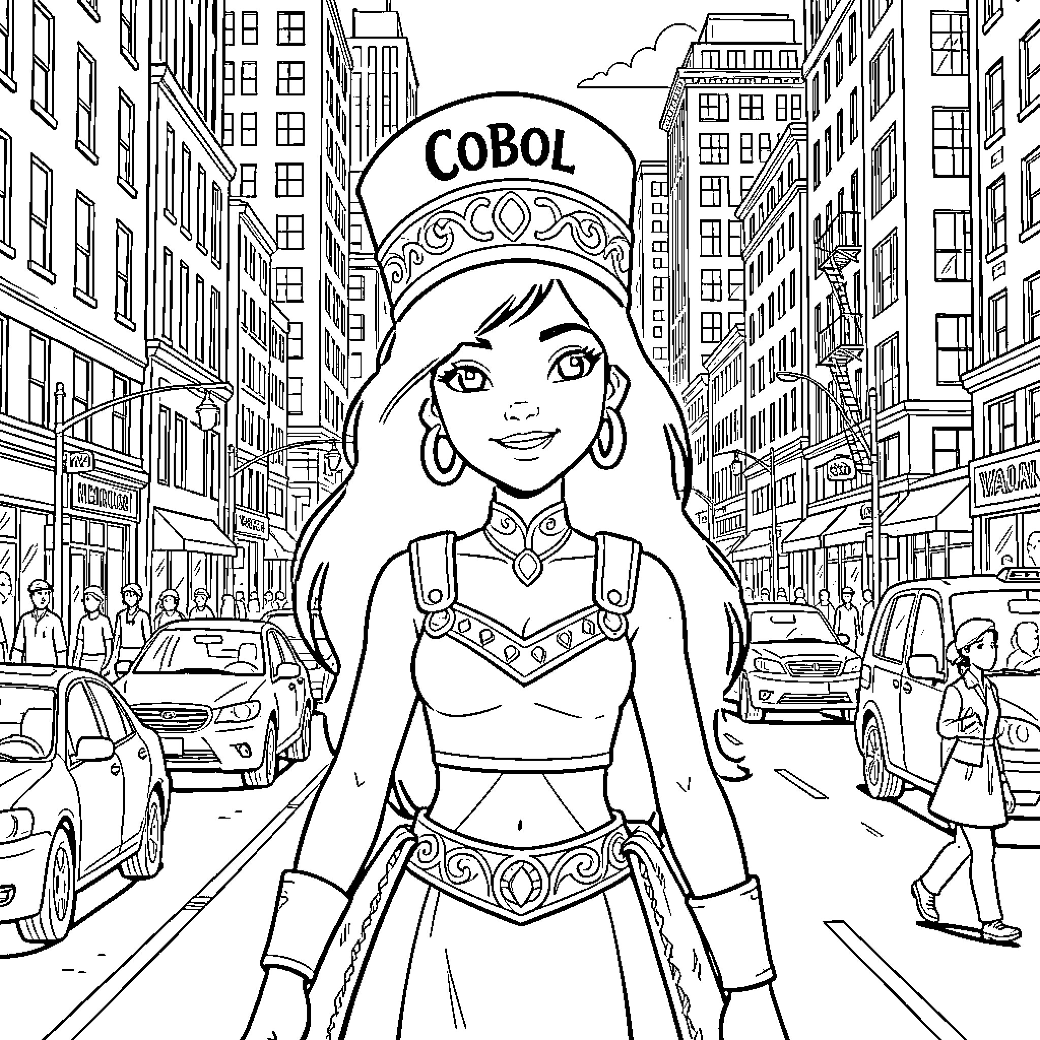 Vaiana standing confidently on a busy city street Coloring Page (free black-and-white line drawing printable PDF for all, from beginners to advanced learners, including children, teens, adults, and seniors)