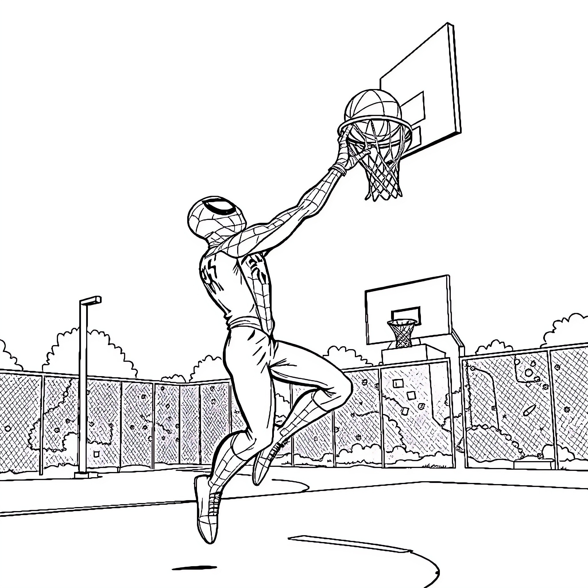 Spider-Man dunking basketball on outdoor court Coloring Page (free black-and-white line drawing printable PDF for all, from beginners to advanced learners, including children, teens, adults, and seniors)