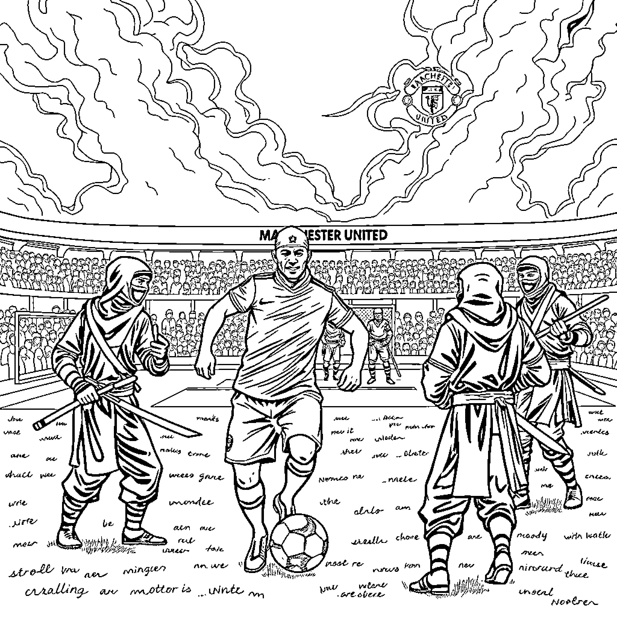 Manchester United players on the field during an intense match Coloring Page (free black-and-white line drawing printable PDF for all, from beginners to advanced learners, including children, teens, adults, and seniors)