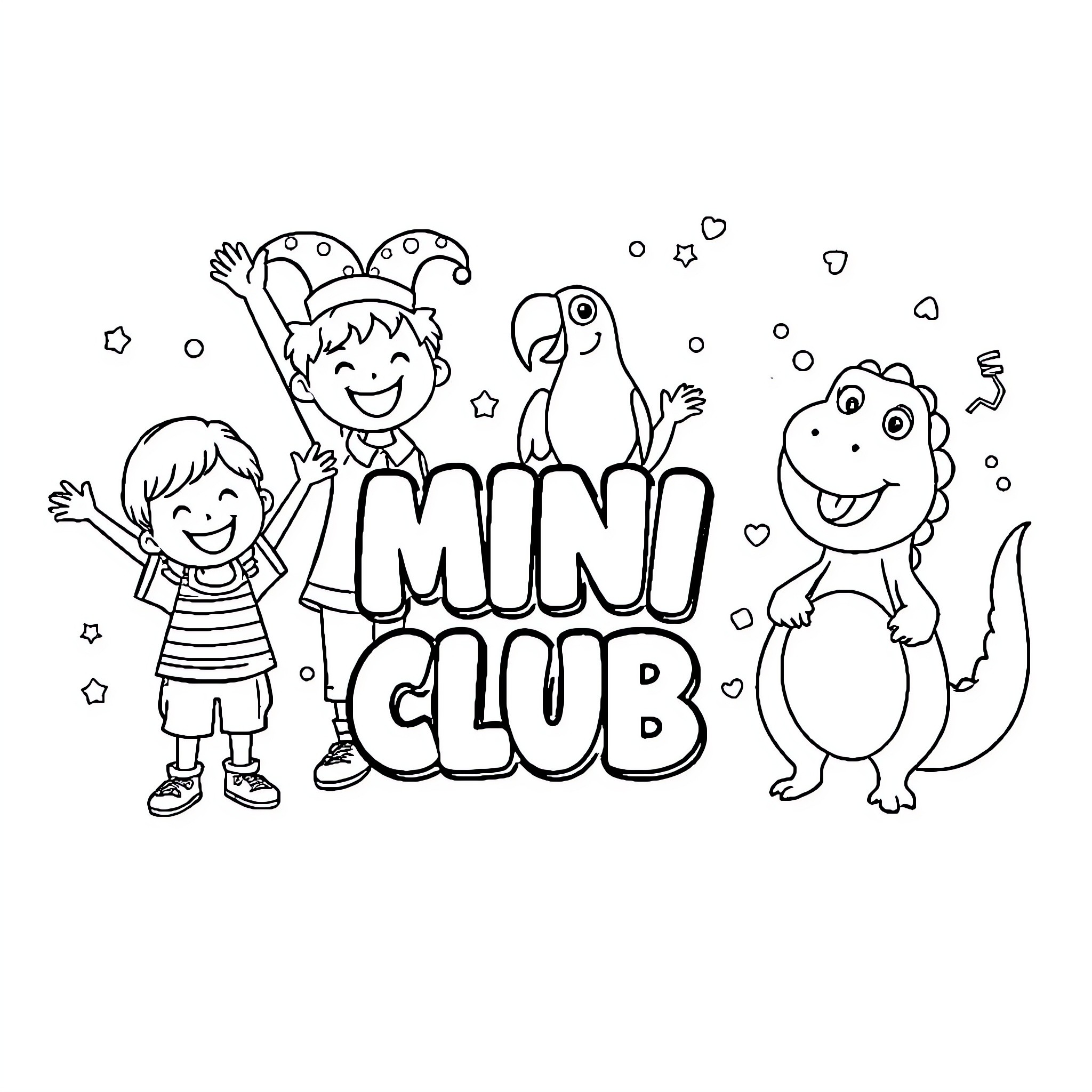 Character kids having fun in the Mini Club Coloring Page (free black-and-white line drawing printable PDF for all, from beginners to advanced learners, including children, teens, adults, and seniors)