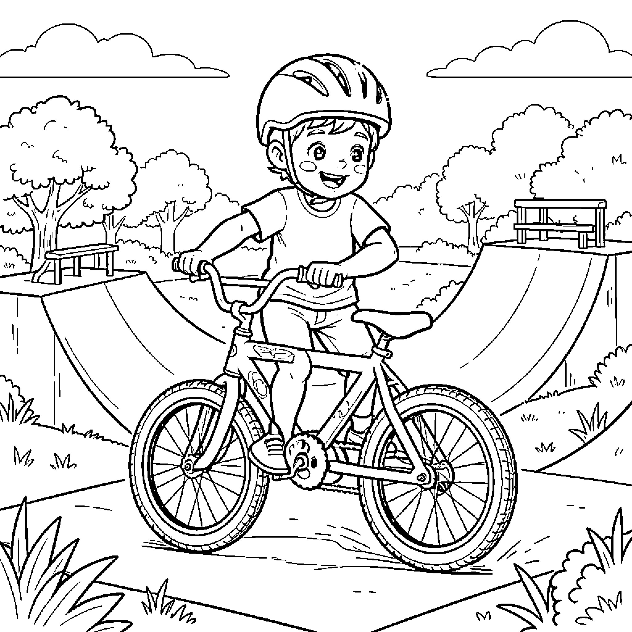 Niño riding bicycle in the park Coloring Page (free black-and-white line drawing printable PDF for all, from beginners to advanced learners, including children, teens, adults, and seniors)