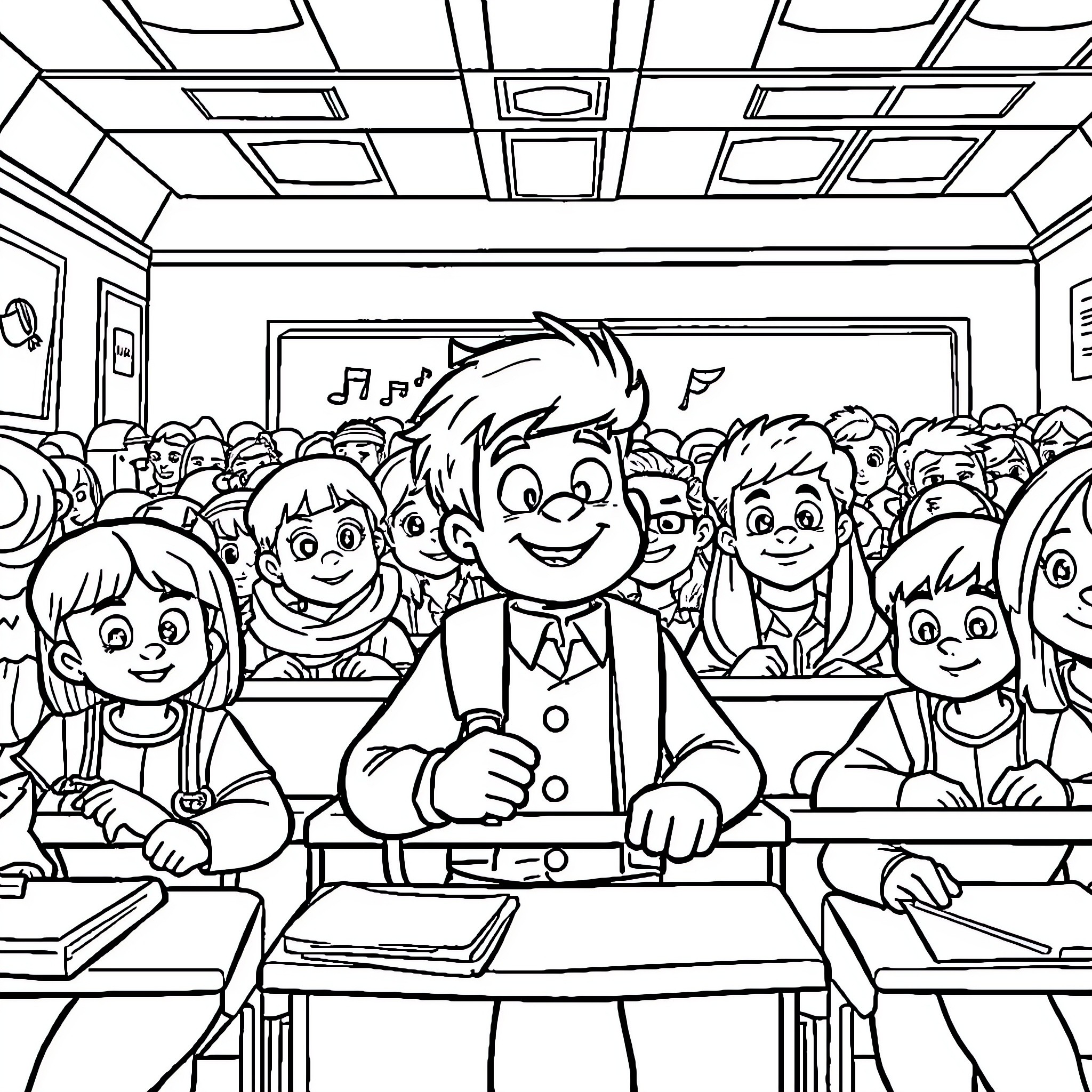 Toni's Classroom Full of Happy Students Coloring Page (free black-and-white line drawing printable PDF for all, from beginners to advanced learners, including children, teens, adults, and seniors)