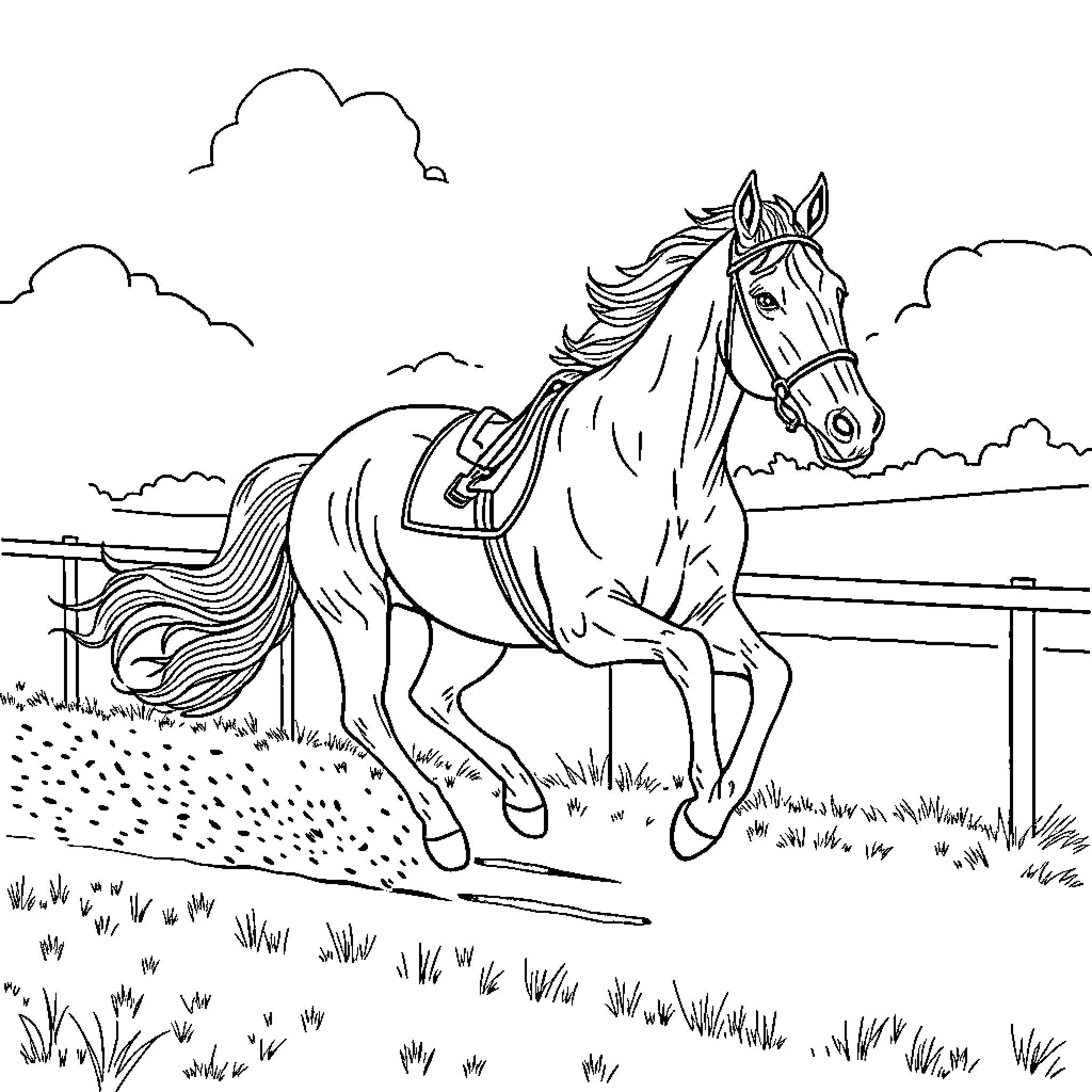 Racehorse galloping through the field Coloring Page (free black-and-white line drawing printable PDF for all, from beginners to advanced learners, including children, teens, adults, and seniors)