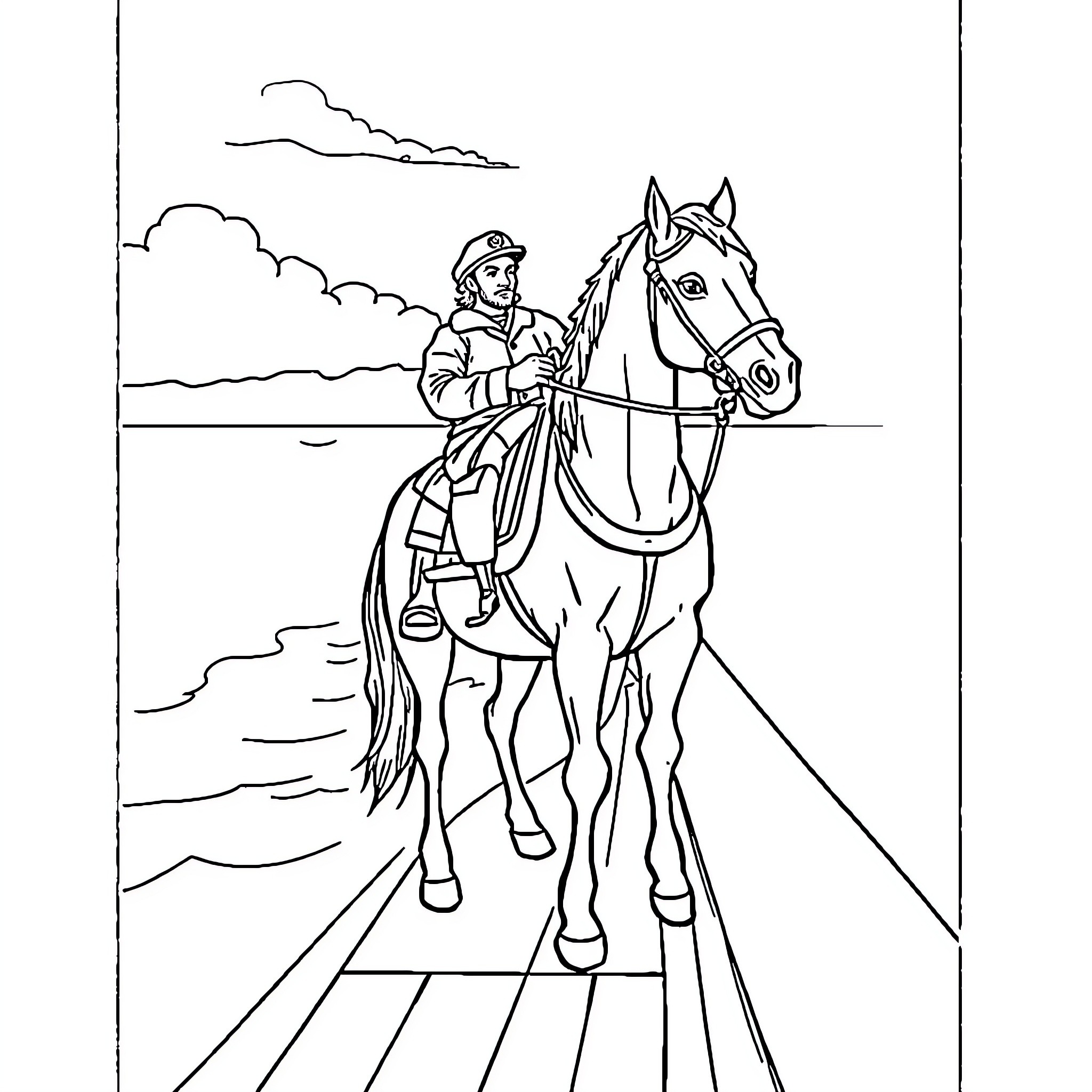 Capitaine on Horseback Crossing the Bridge Coloring Page (free black-and-white line drawing printable PDF for all, from beginners to advanced learners, including children, teens, adults, and seniors)