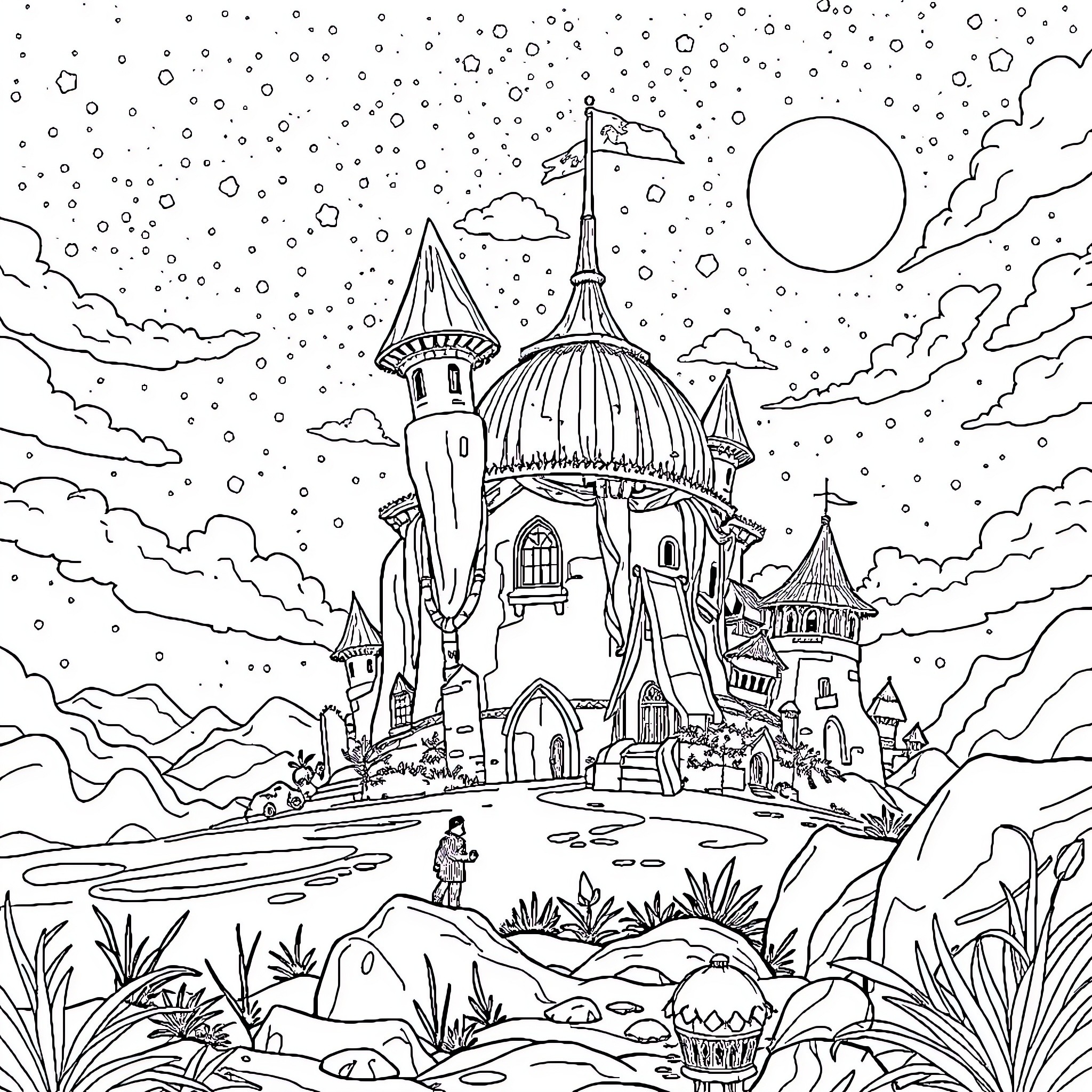 Forsaken castle amidst the enchanting landscape Coloring Page (free black-and-white line drawing printable PDF for all, from beginners to advanced learners, including children, teens, adults, and seniors)