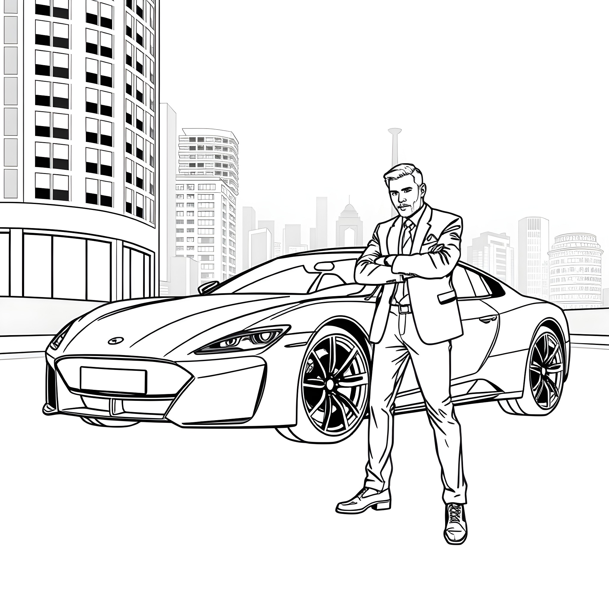 Car owner posing with luxury sports car in city Coloring Page (free black-and-white line drawing printable PDF for all, from beginners to advanced learners, including children, teens, adults, and seniors)