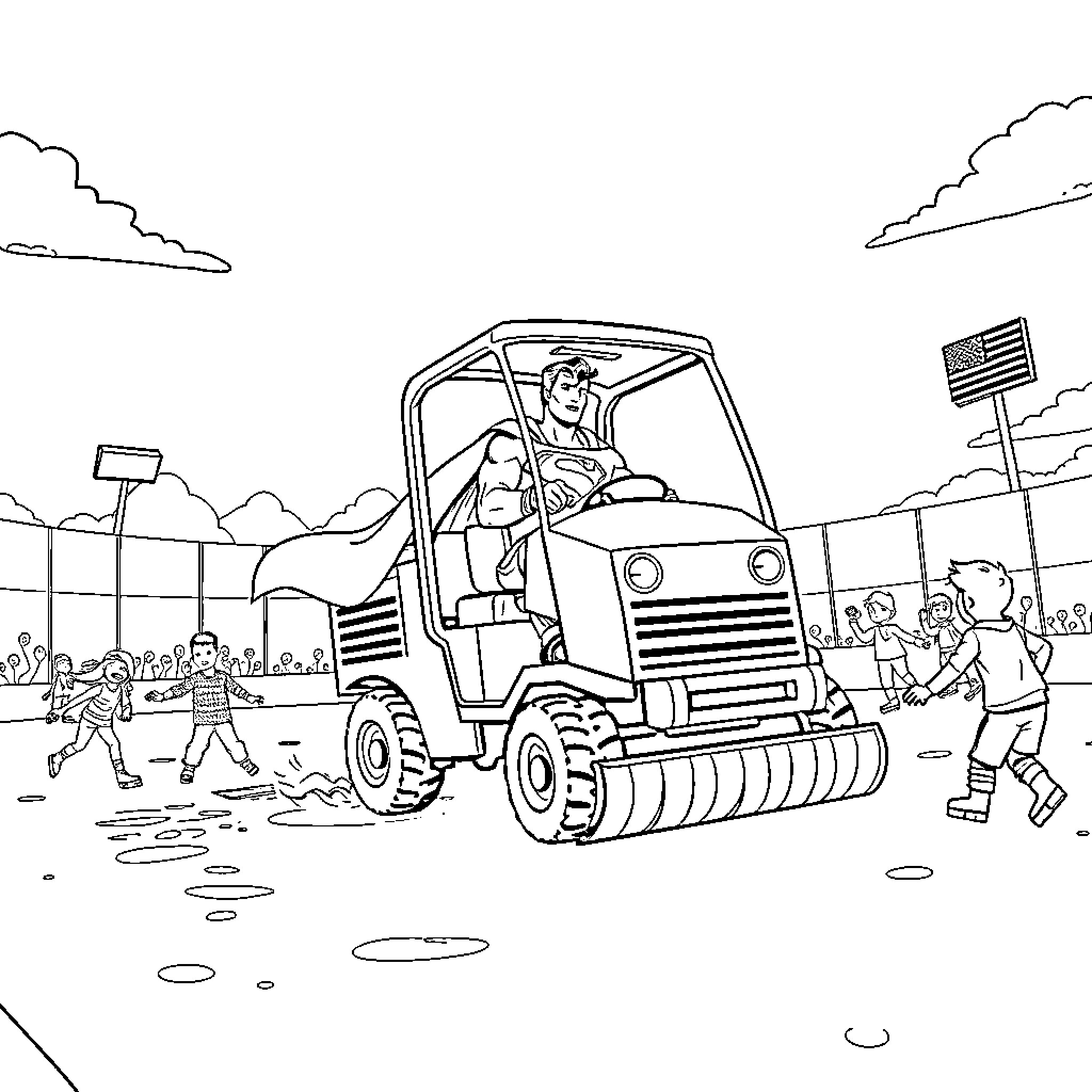 Superman Drives Powerful Vehicle in Patriotic Scene Coloring Page (free black-and-white line drawing printable PDF for all, from beginners to advanced learners, including children, teens, adults, and seniors)