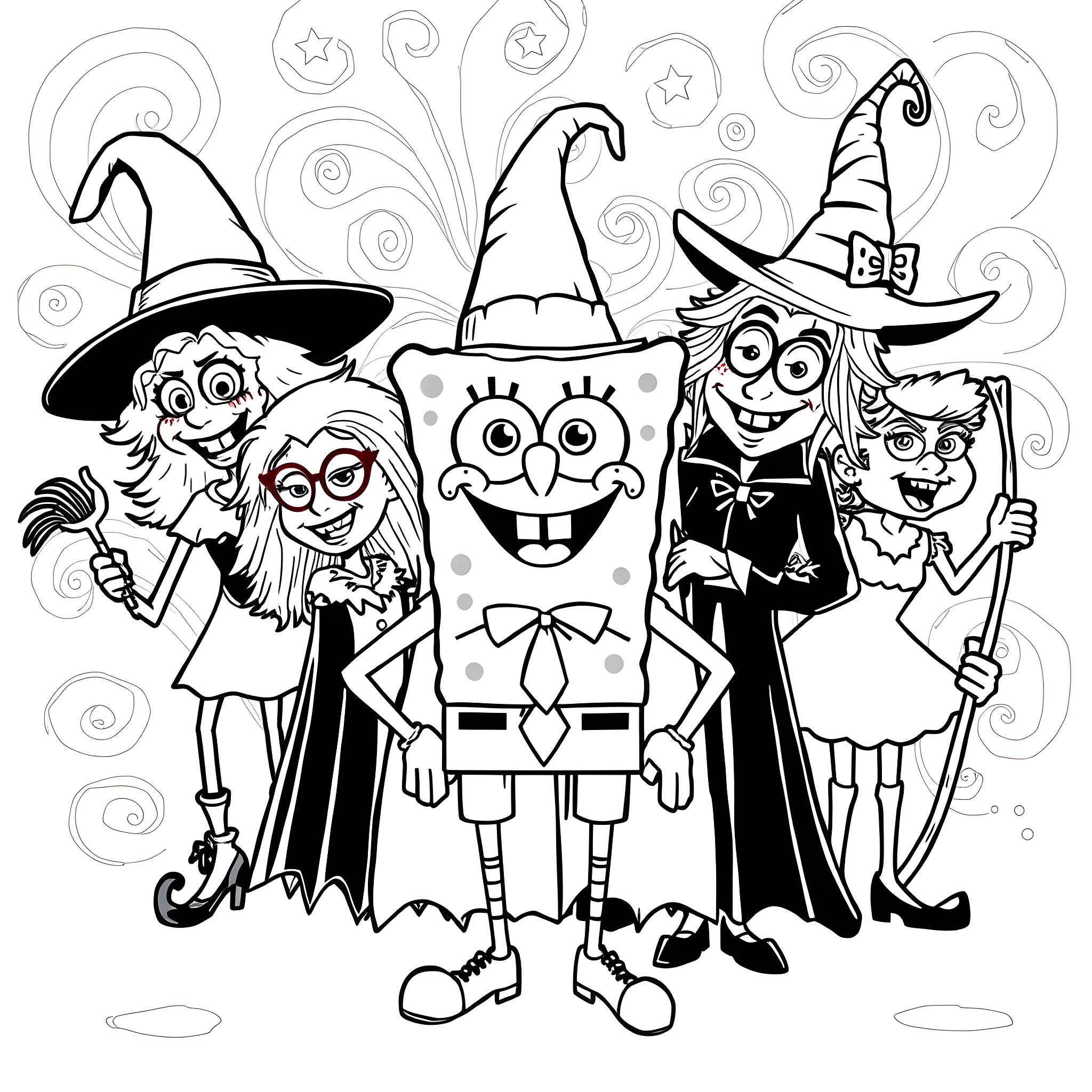 Spongebob and Friends in Spooky Halloween Costumes Coloring Page (free black-and-white line drawing printable PDF for all, from beginners to advanced learners, including children, teens, adults, and seniors)