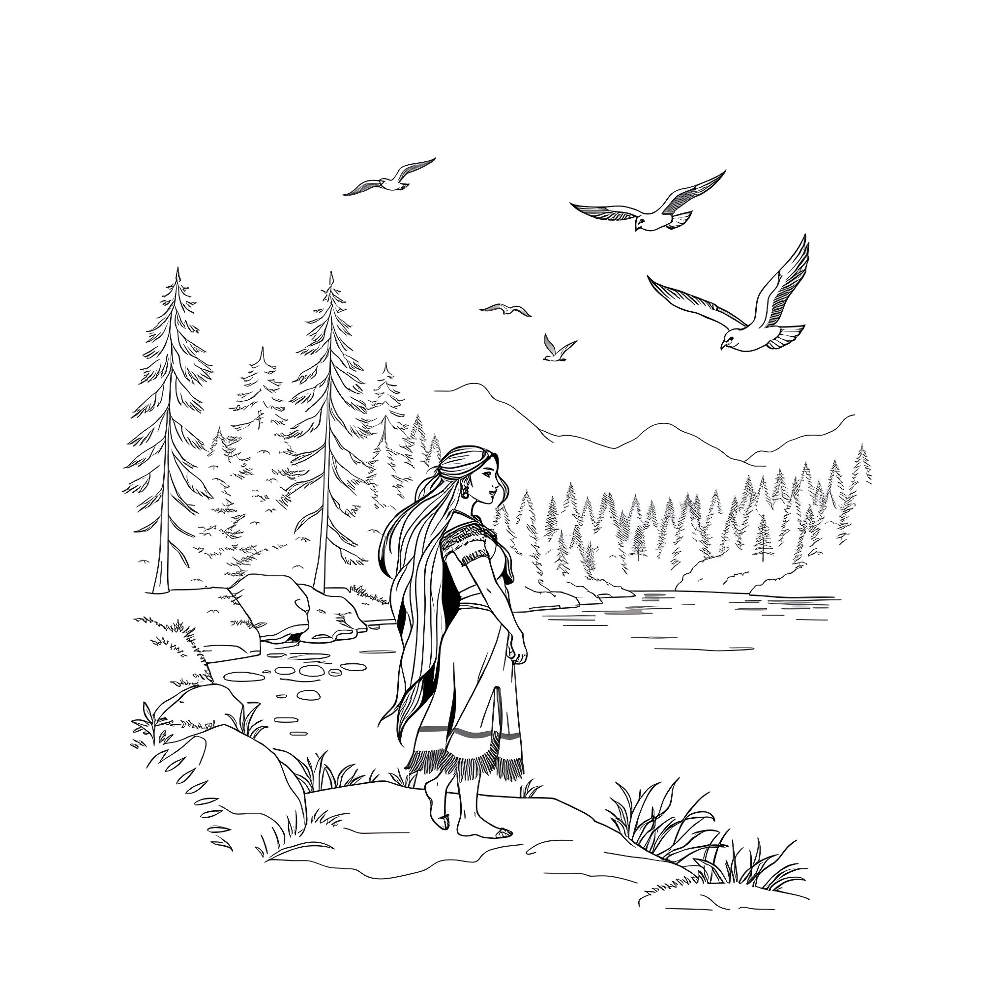 Pocahontas enjoying the natural scenery with wildlife Coloring Page (free black-and-white line drawing printable PDF for all, from beginners to advanced learners, including children, teens, adults, and seniors)