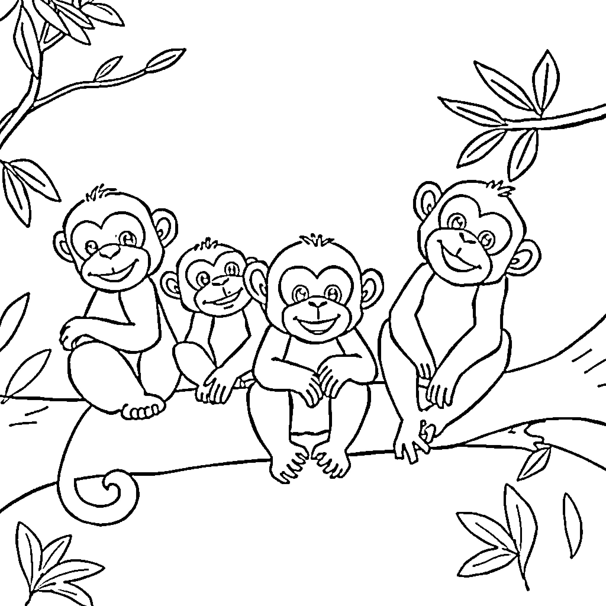 Monkeys sitting on tree branch in nature Coloring Page (free black-and-white line drawing printable PDF for all, from beginners to advanced learners, including children, teens, adults, and seniors)