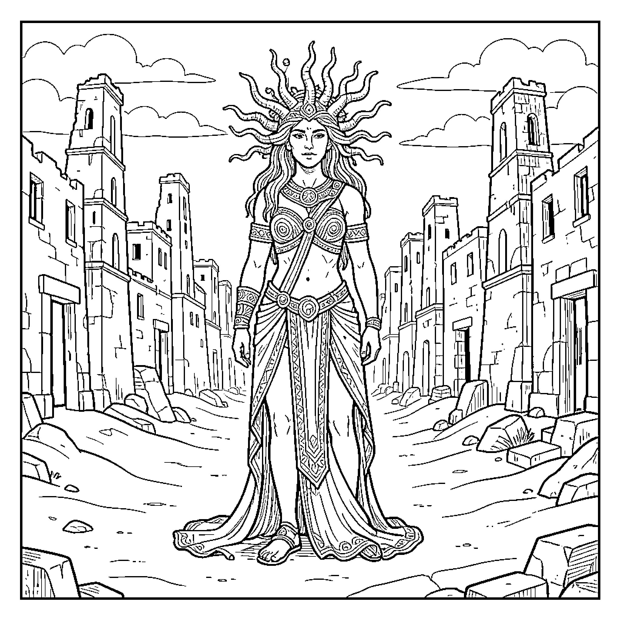 Medusa standing majestically in a ruined city Coloring Page (free black-and-white line drawing printable PDF for all, from beginners to advanced learners, including children, teens, adults, and seniors)