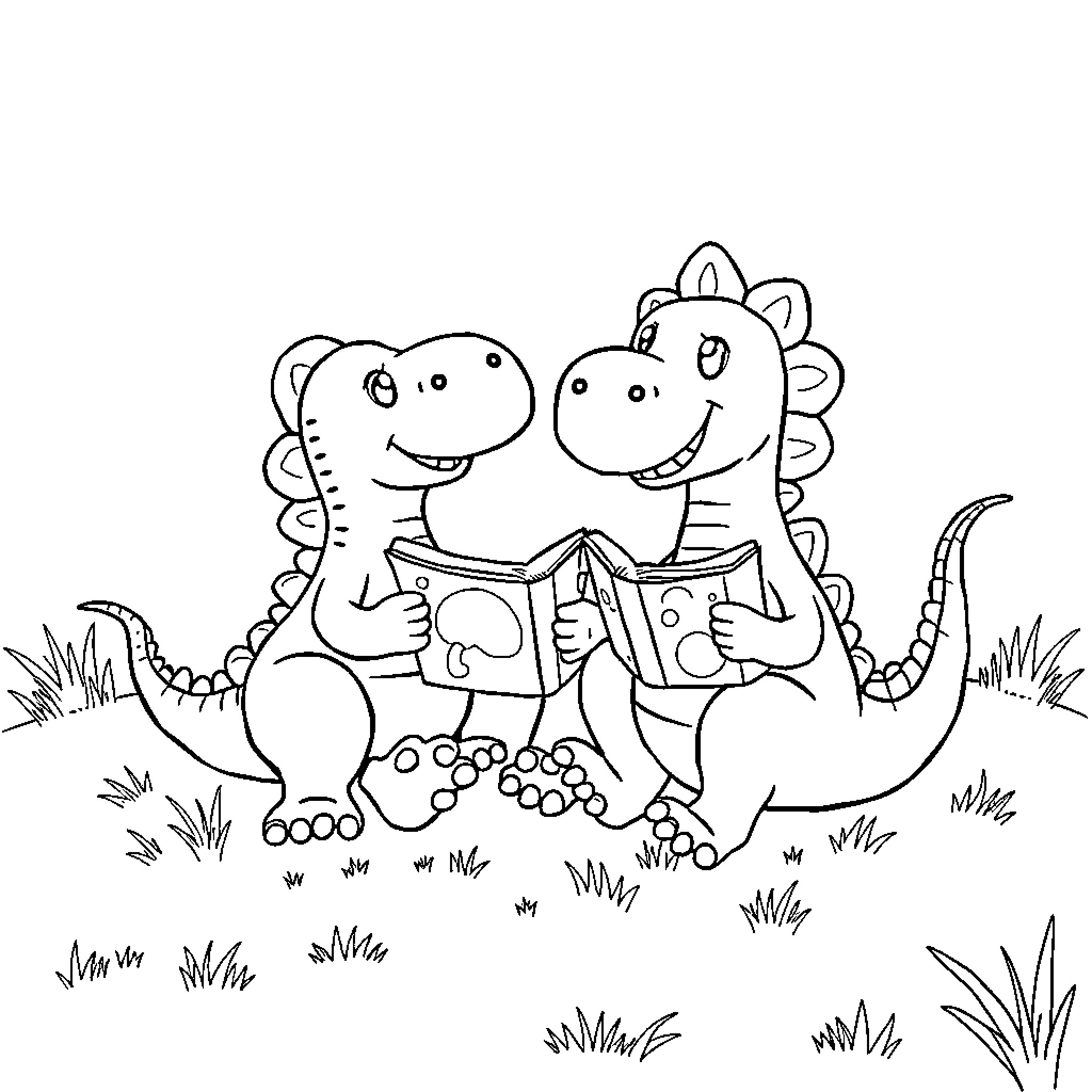 Dinosaurs reading books together in the grass Coloring Page (free black-and-white line drawing printable PDF for all, from beginners to advanced learners, including children, teens, adults, and seniors)