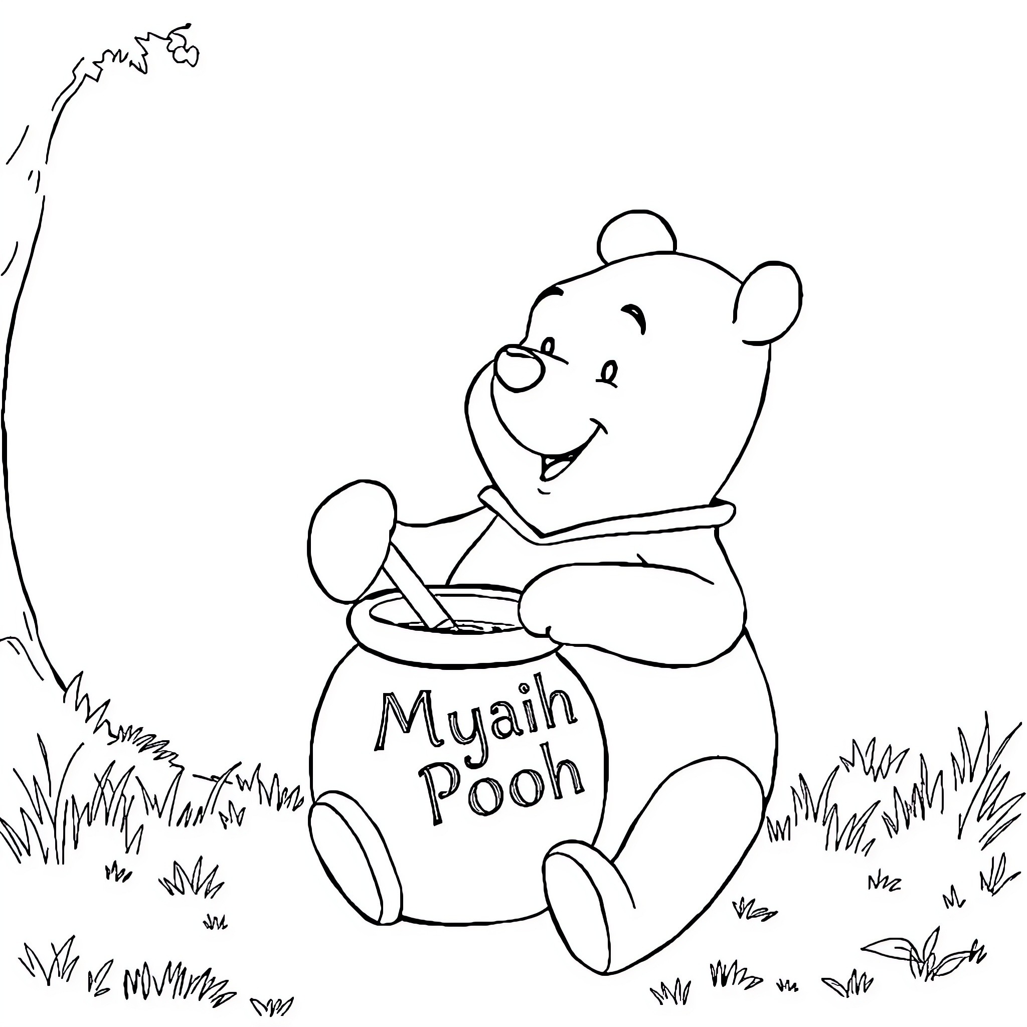 Winnie The Pooh enjoying a sweet treat in the meadow Coloring Page (free black-and-white line drawing printable PDF for all, from beginners to advanced learners, including children, teens, adults, and seniors)