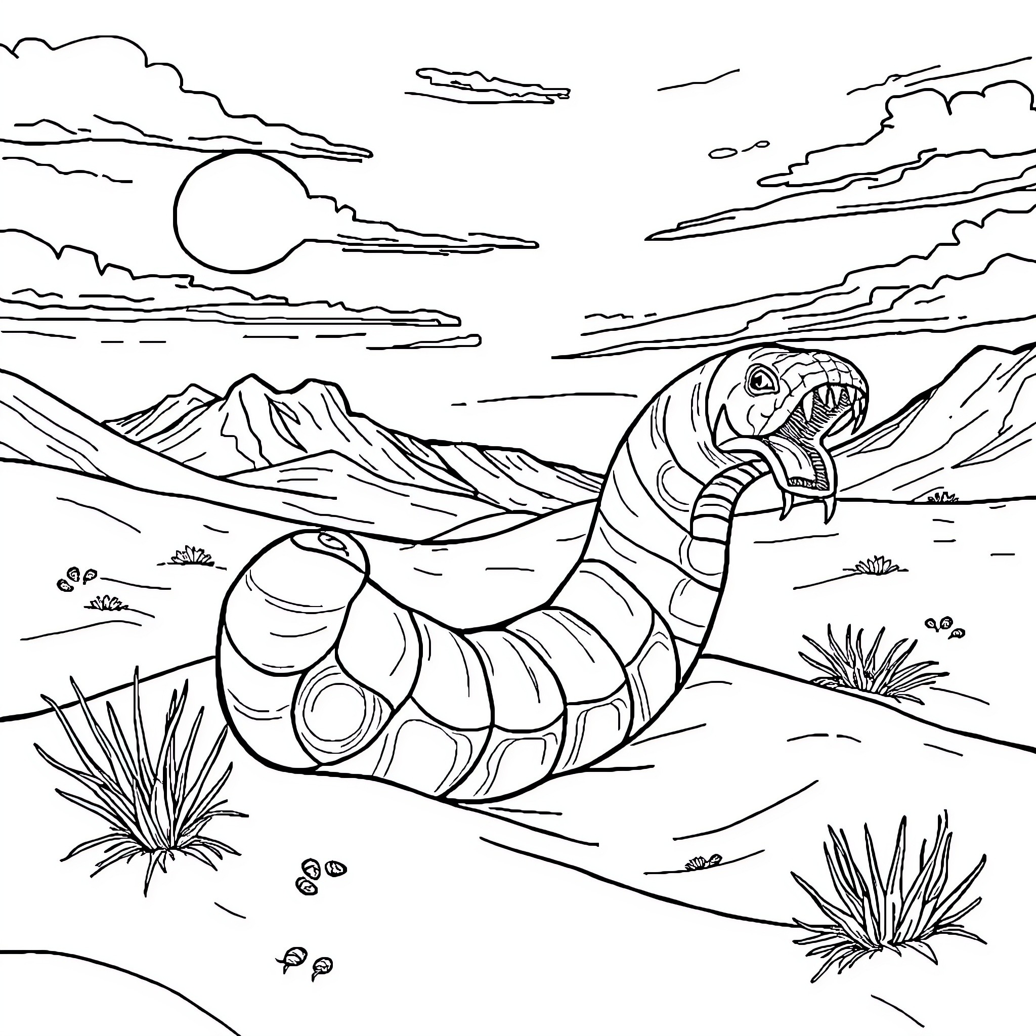 Worm exploring the desert landscape Coloring Page (free black-and-white line drawing printable PDF for all, from beginners to advanced learners, including children, teens, adults, and seniors)