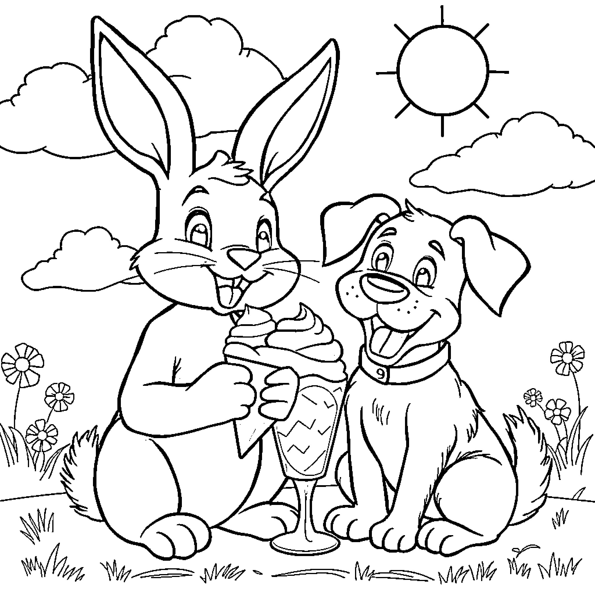 Bunny and Pup Enjoying a Sunny Day Outdoors Coloring Page (free black-and-white line drawing printable PDF for all, from beginners to advanced learners, including children, teens, adults, and seniors)