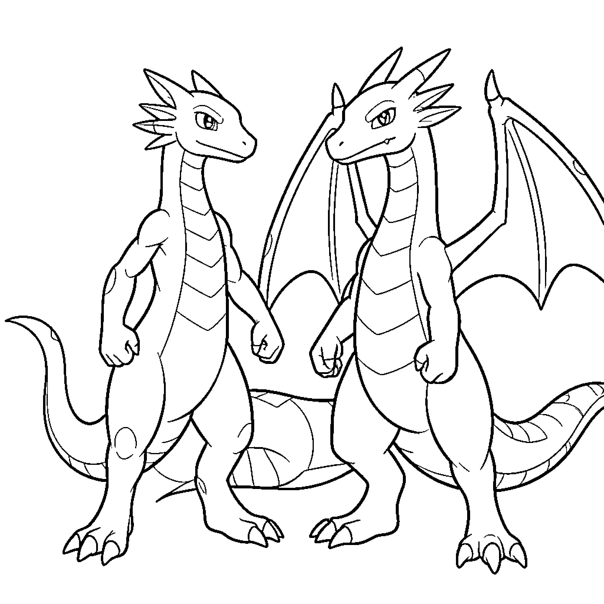 Pokémon dragons standing together in a powerful pose Coloring Page (free black-and-white line drawing printable PDF for all, from beginners to advanced learners, including children, teens, adults, and seniors)