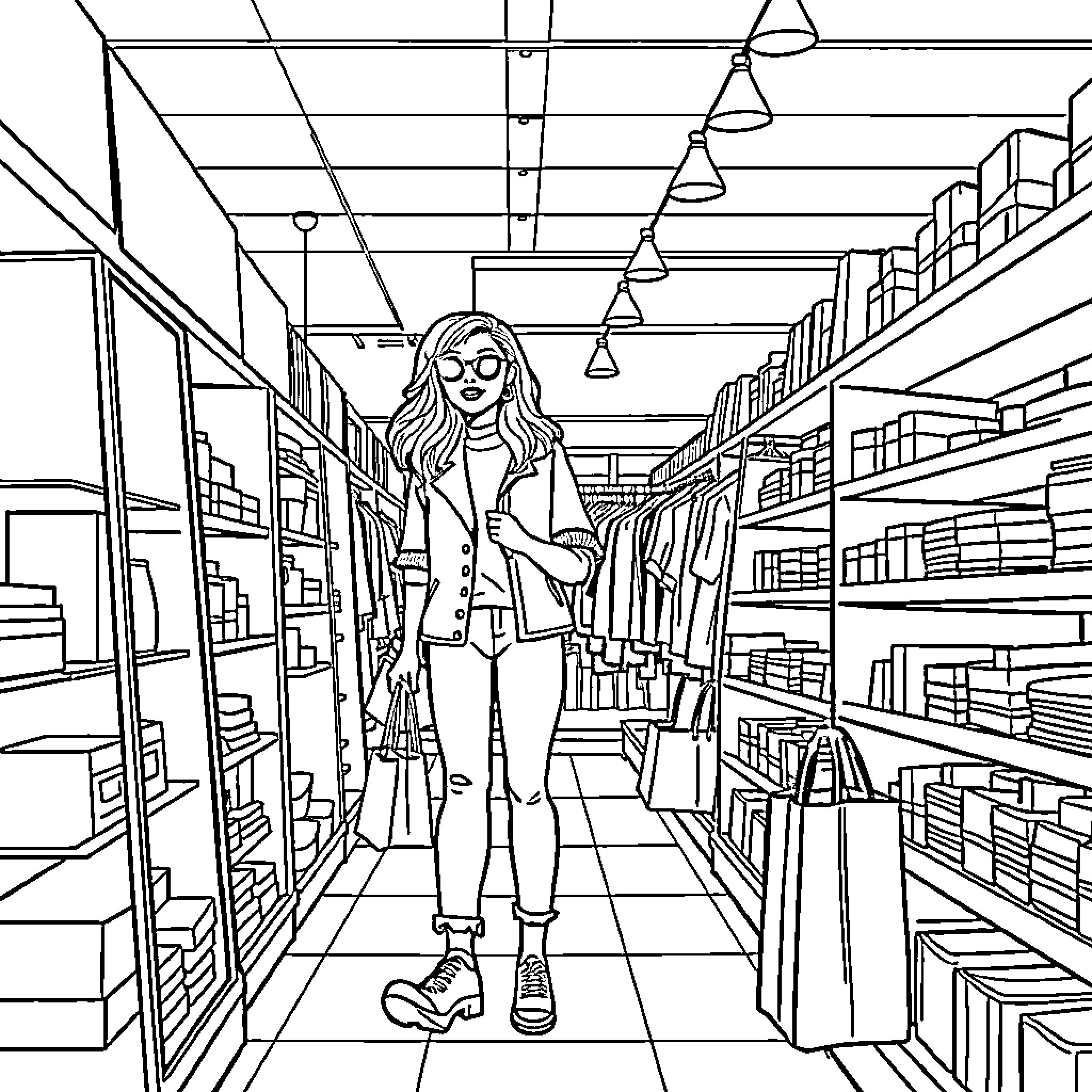 Preppy Girl Browsing Books in Bookstore Coloring Page (free black-and-white line drawing printable PDF for all, from beginners to advanced learners, including children, teens, adults, and seniors)