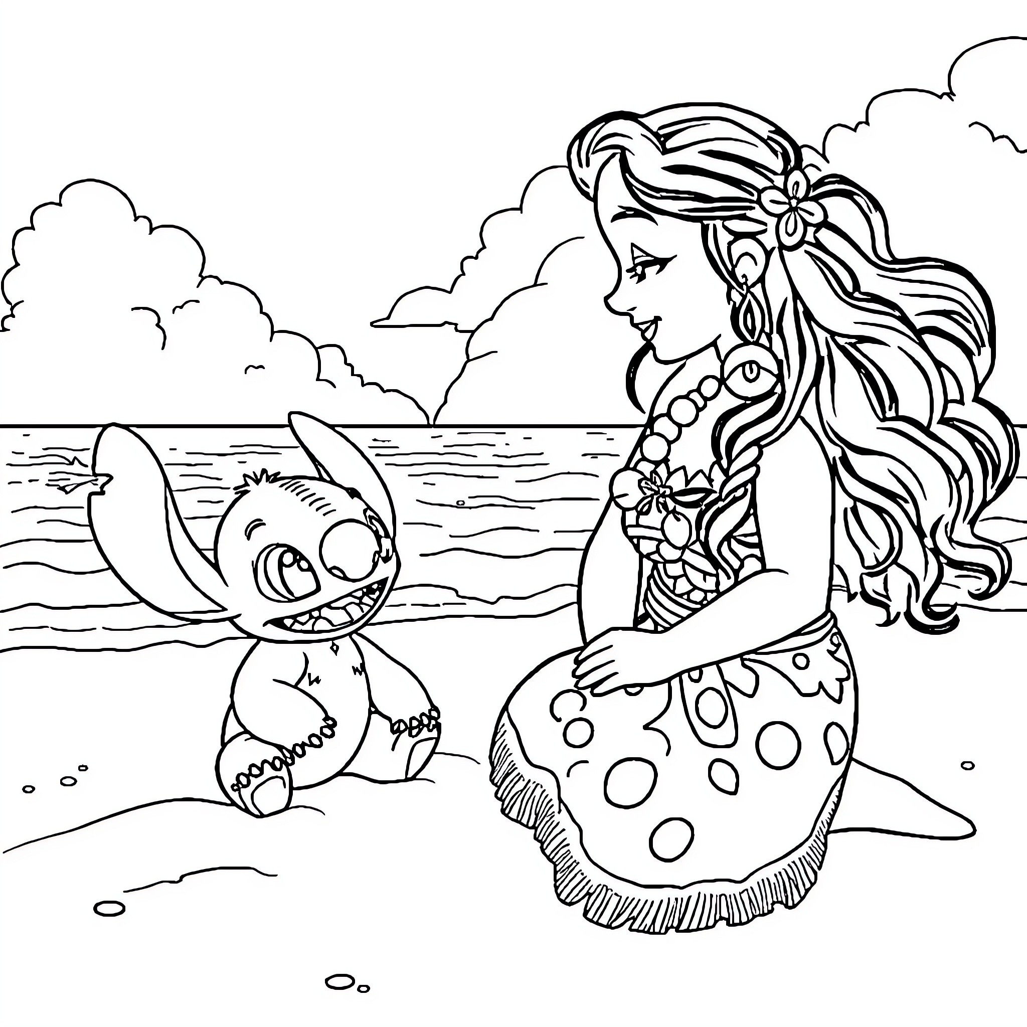 Moana interacting with friendly sea creature on the beach Coloring Page (free black-and-white line drawing printable PDF for all, from beginners to advanced learners, including children, teens, adults, and seniors)