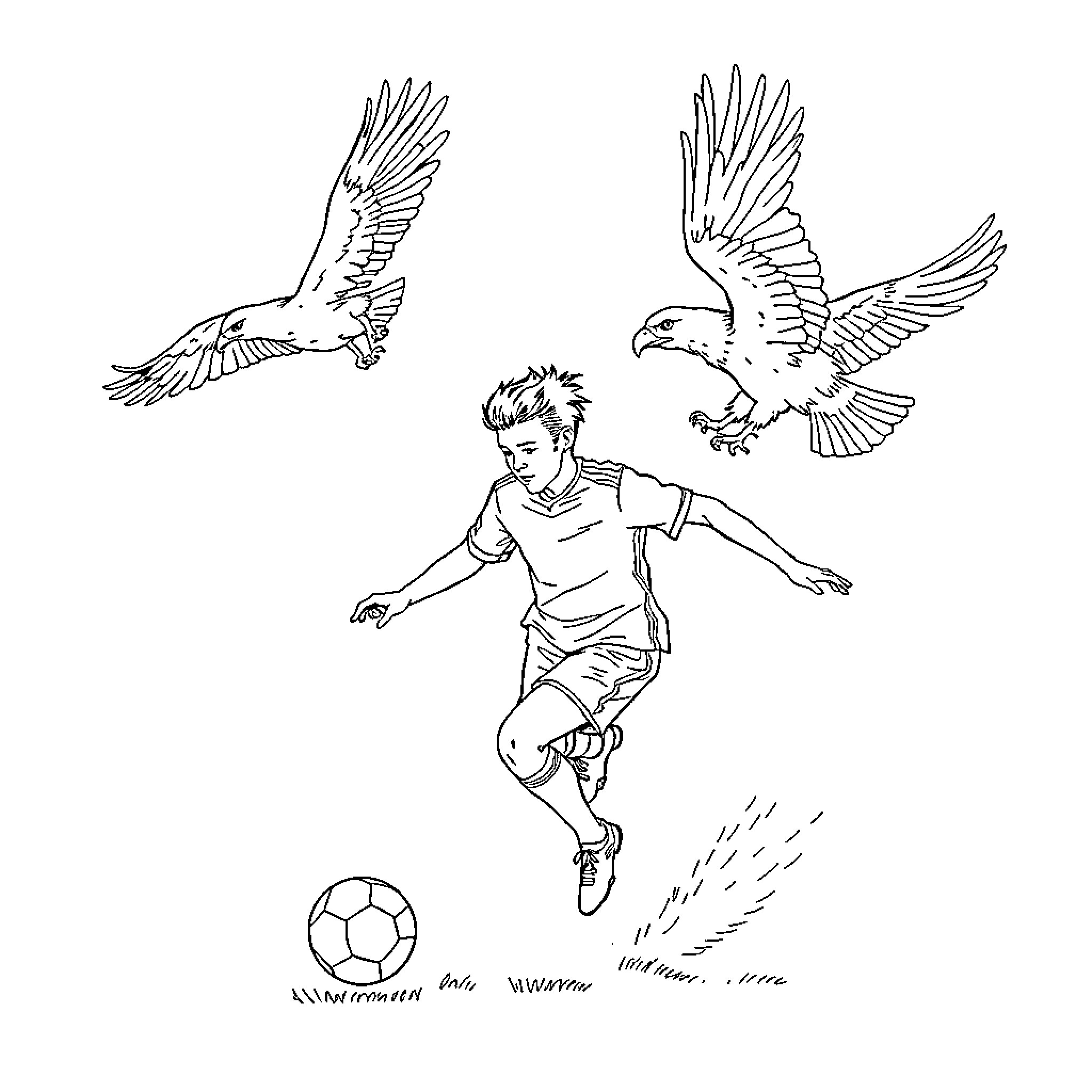 Football Player Leaping with Eagles in Flight Coloring Page (free black-and-white line drawing printable PDF for all, from beginners to advanced learners, including children, teens, adults, and seniors)