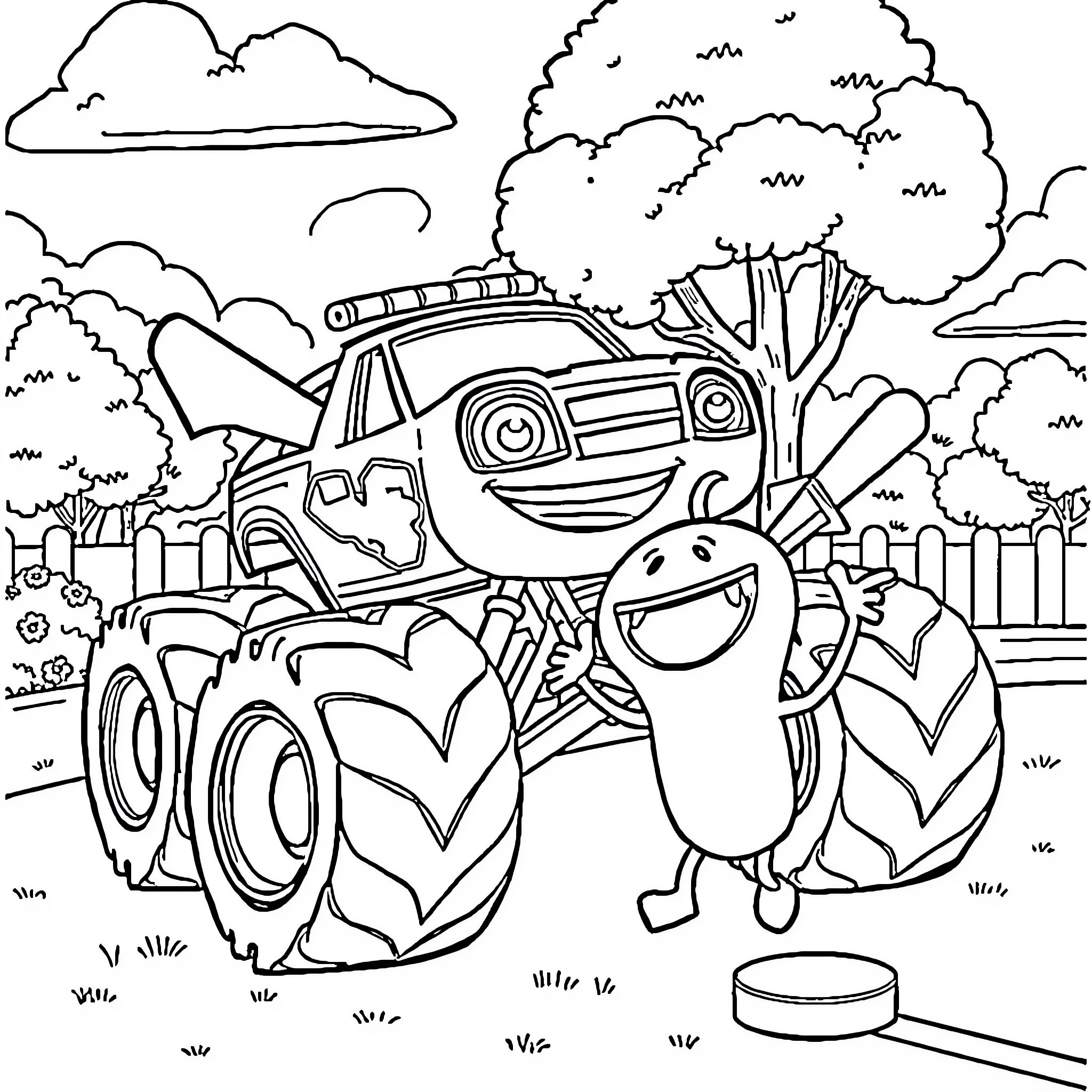 Blaze and Monster Truck Adventure in the Park Coloring Page (free black-and-white line drawing printable PDF for all, from beginners to advanced learners, including children, teens, adults, and seniors)