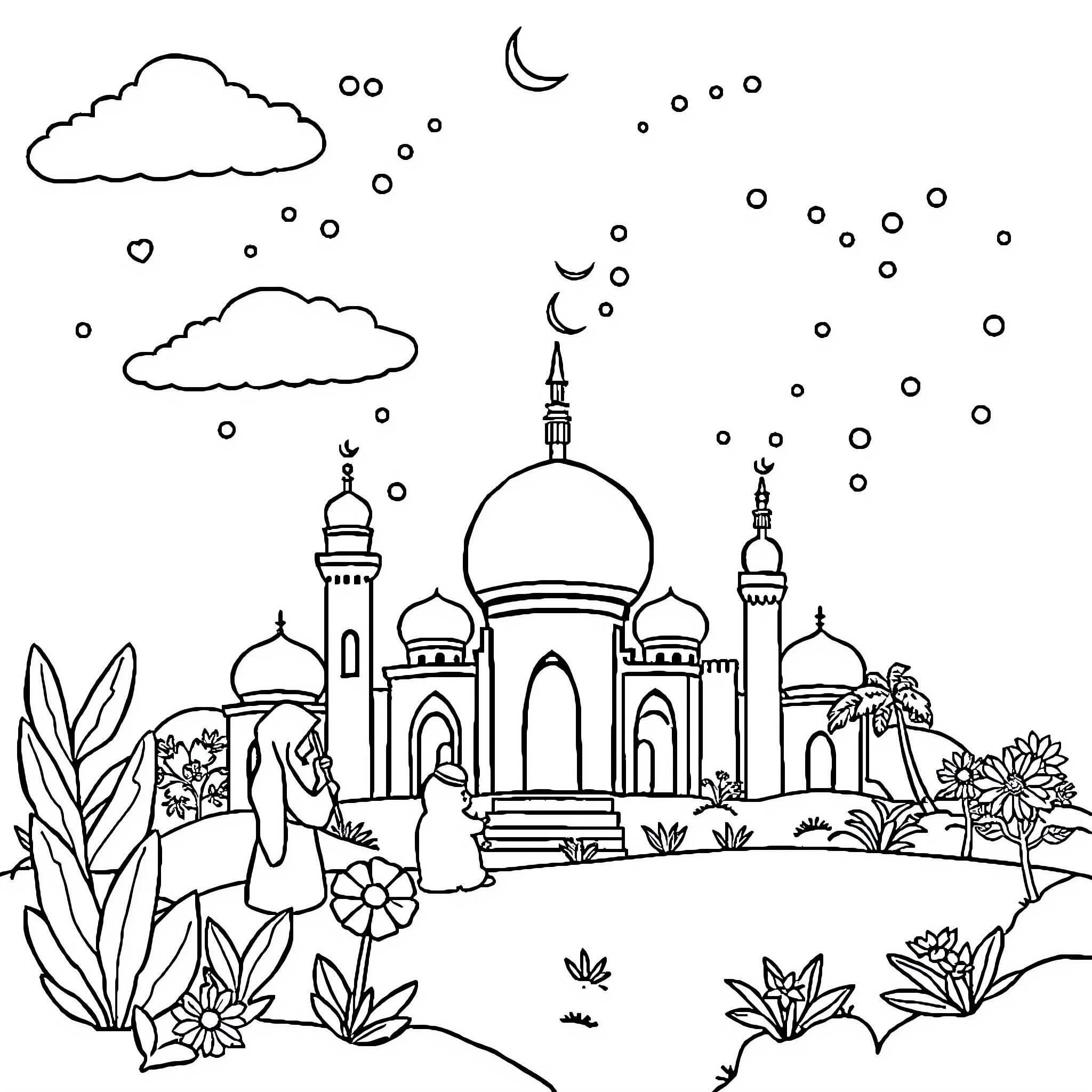 Islamic Children's Book: Children Playing Near Mosque Coloring Page (free black-and-white line drawing printable PDF for all, from beginners to advanced learners, including children, teens, adults, and seniors)