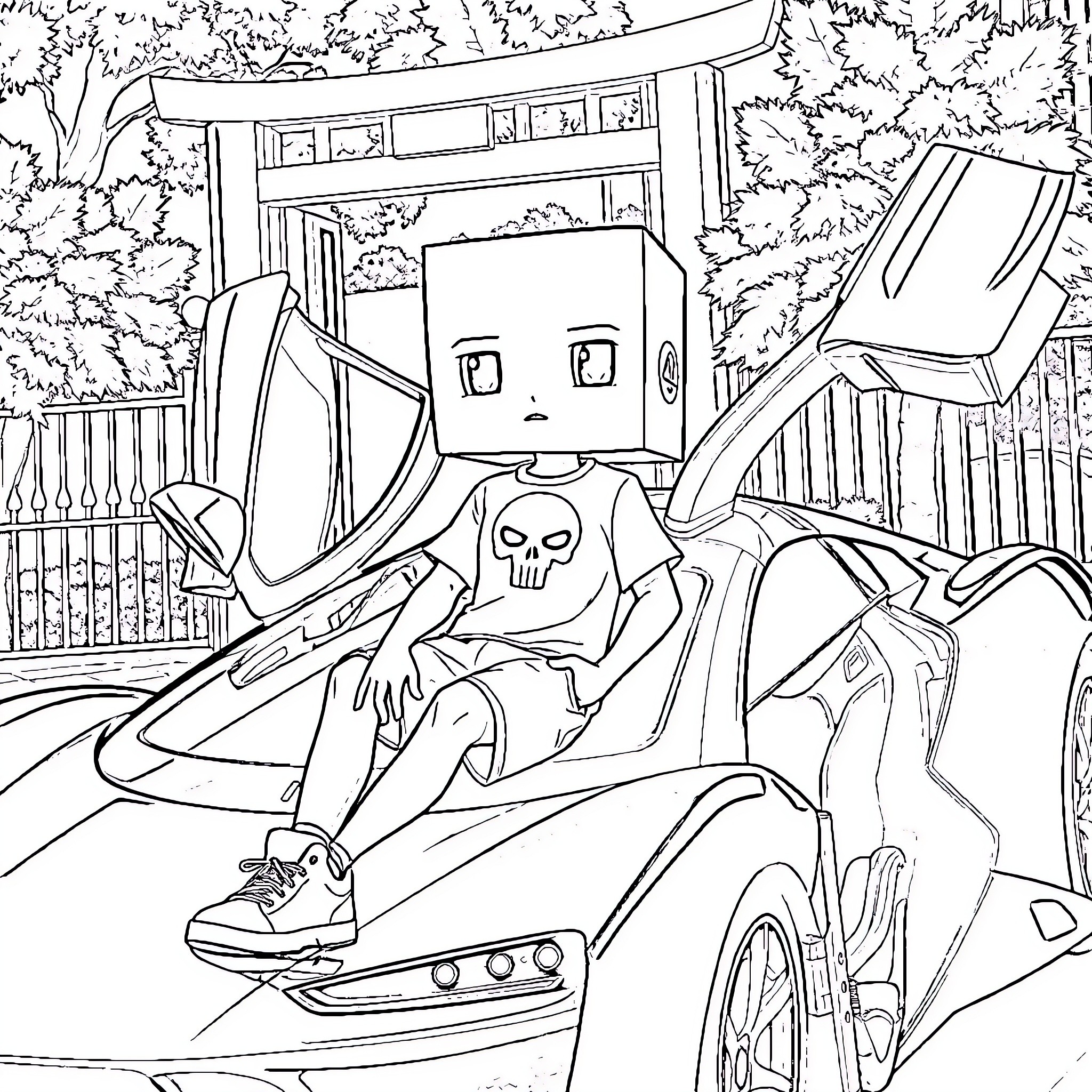 Character in Gamer Outfit Sitting on Computer Chair Coloring Page (free black-and-white line drawing printable PDF for all, from beginners to advanced learners, including children, teens, adults, and seniors)