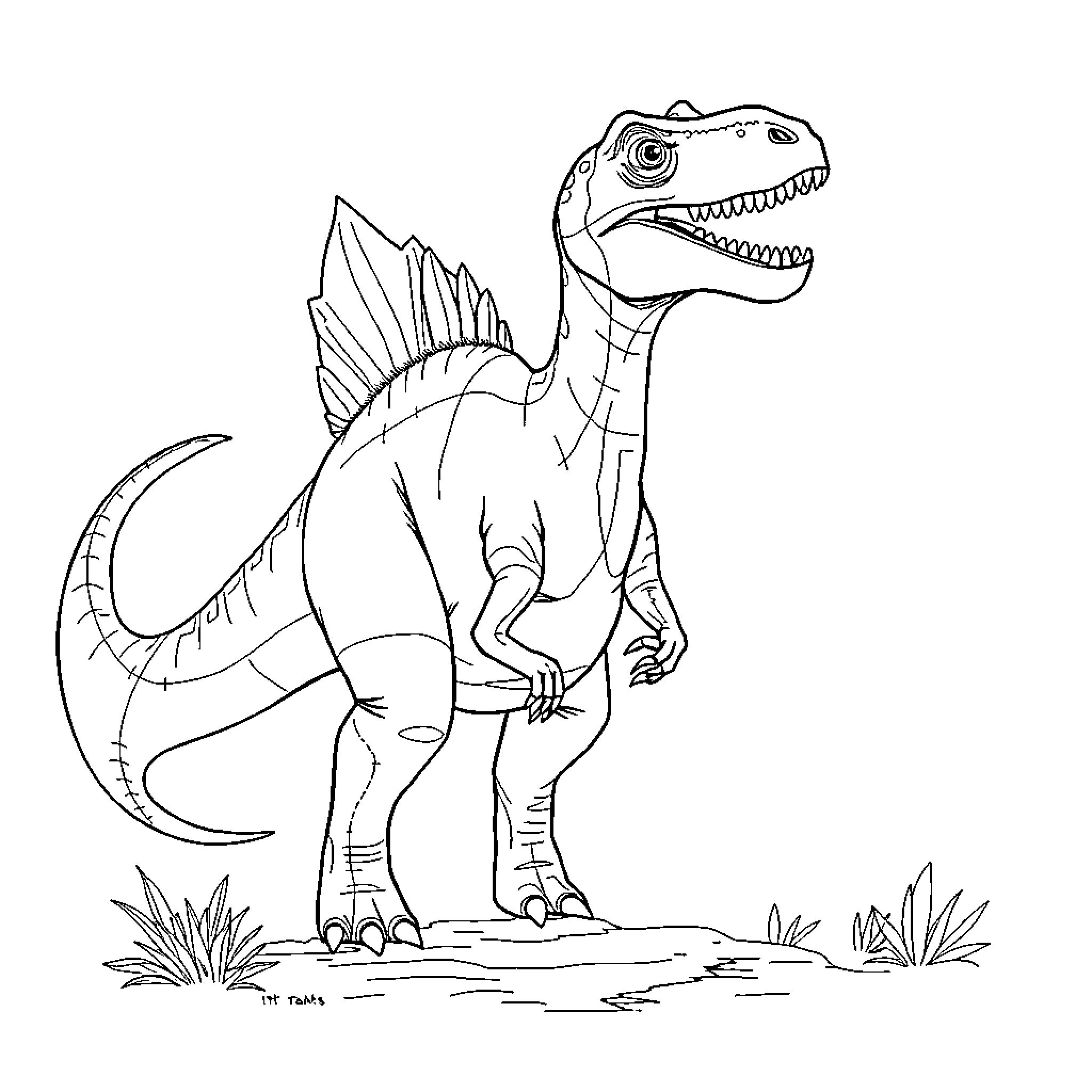 Dinosaur roaring fiercely in the wilderness Coloring Page (free black-and-white line drawing printable PDF for all, from beginners to advanced learners, including children, teens, adults, and seniors)