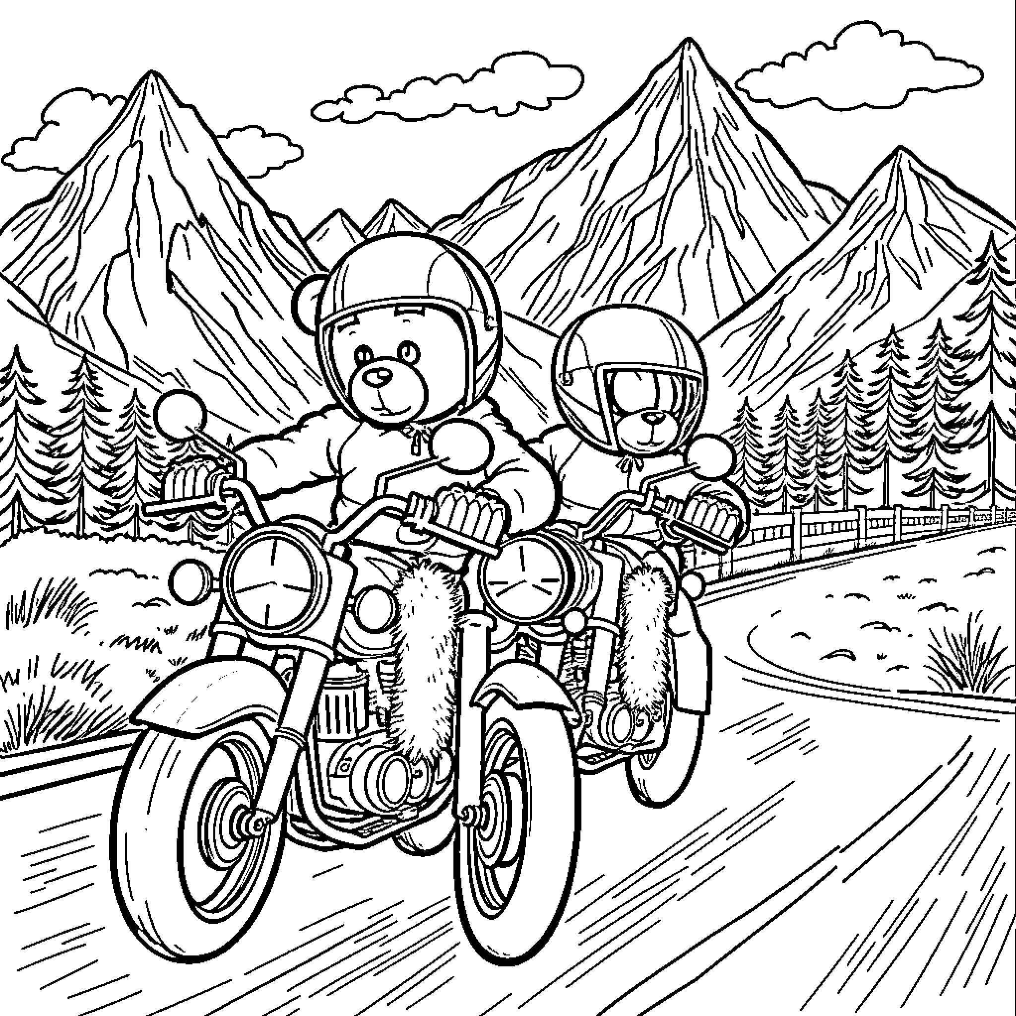 Teddy Bears Riding Motorcycles in the Mountains Coloring Page (free black-and-white line drawing printable PDF for all, from beginners to advanced learners, including children, teens, adults, and seniors)
