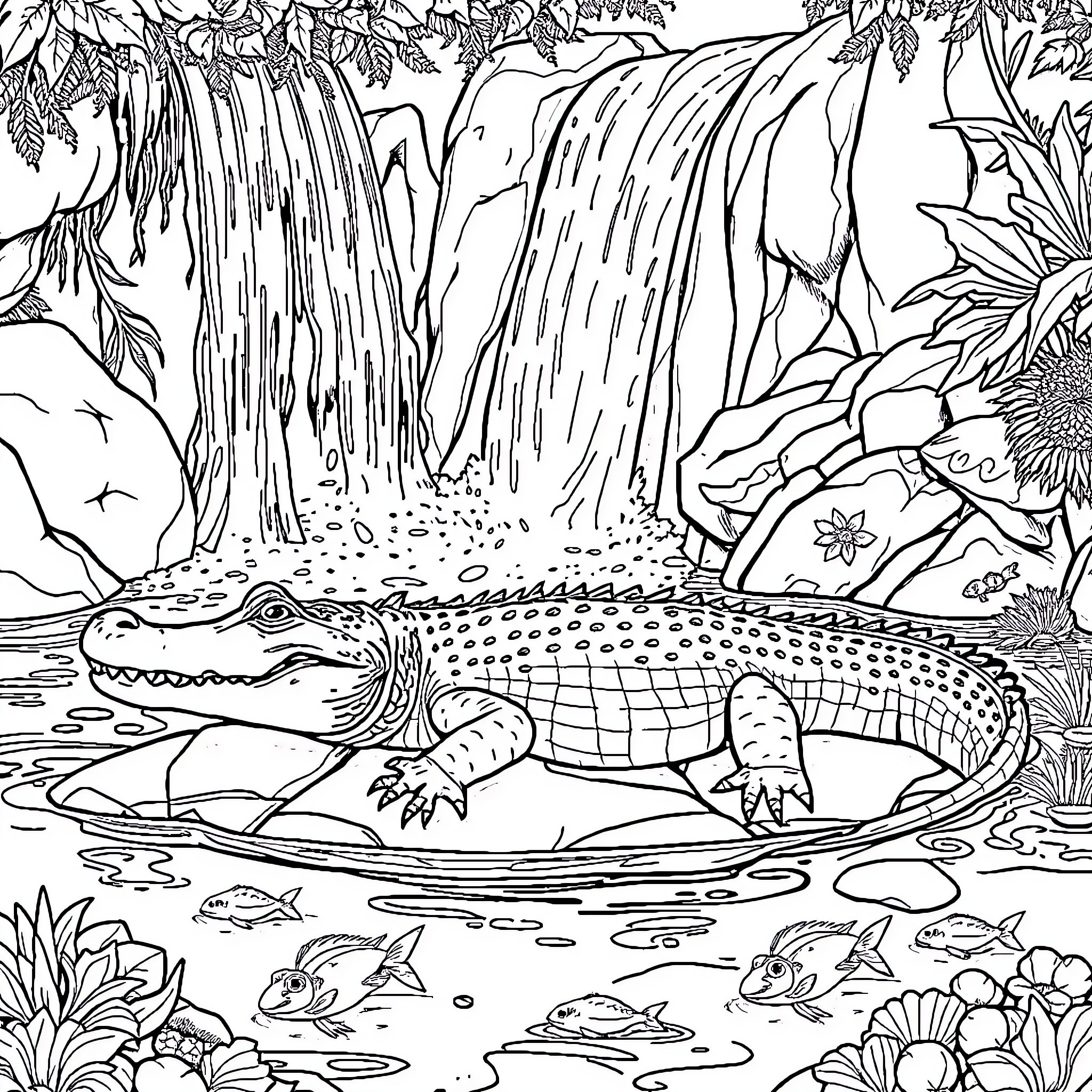 Alligator resting peacefully by a waterfall in the jungle Coloring Page (free black-and-white line drawing printable PDF for all, from beginners to advanced learners, including children, teens, adults, and seniors)