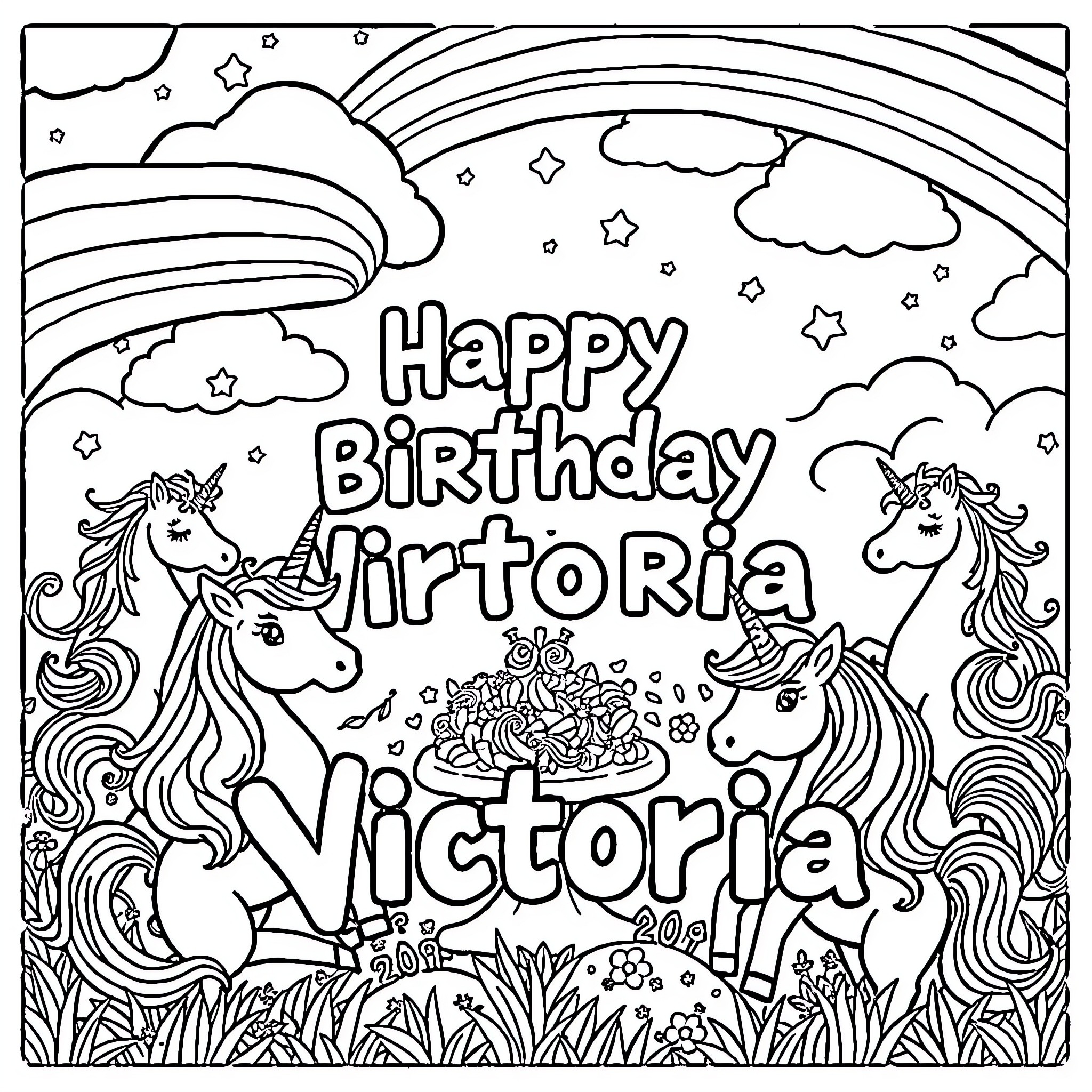 Unicorn Birthday Celebration with Magical Scenery Coloring Page (free black-and-white line drawing printable PDF for all, from beginners to advanced learners, including children, teens, adults, and seniors)