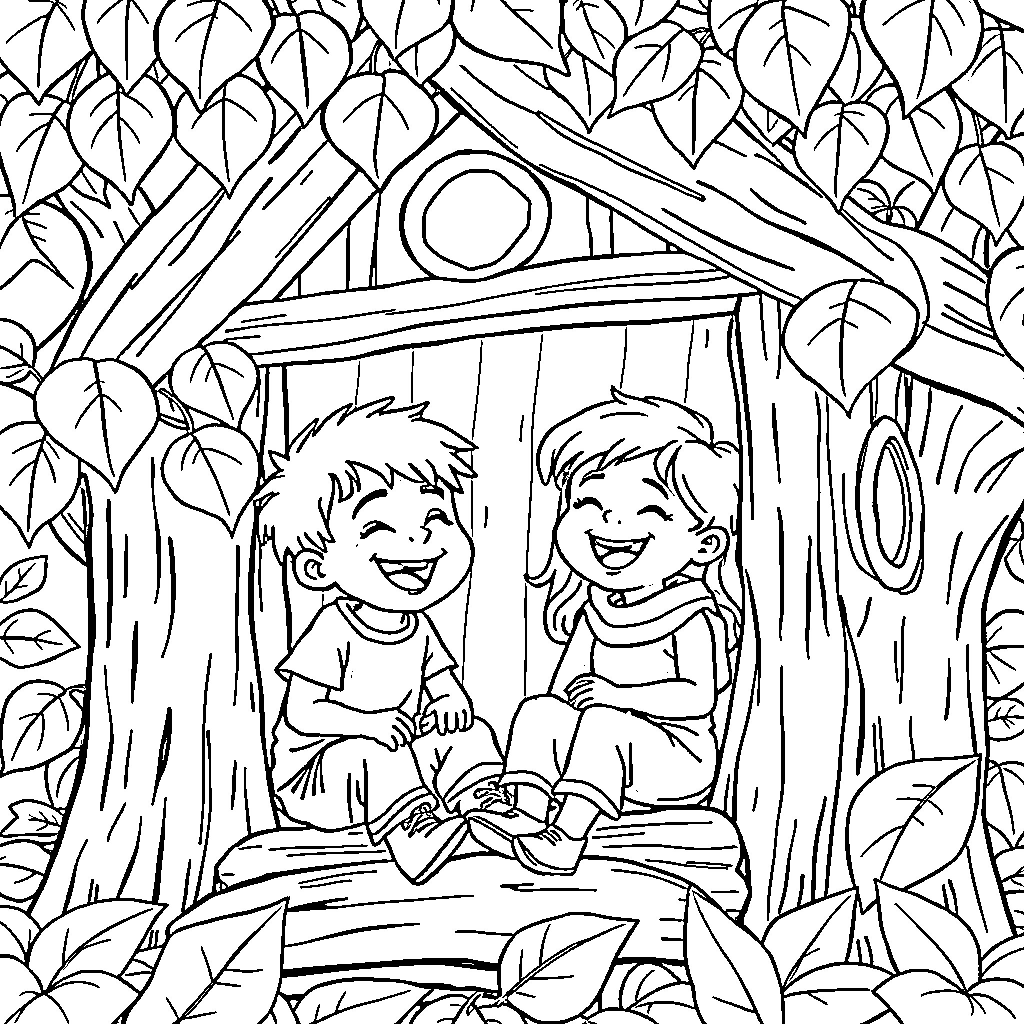Children playing in a forest treehouse Coloring Page (free black-and-white line drawing printable PDF for all, from beginners to advanced learners, including children, teens, adults, and seniors)