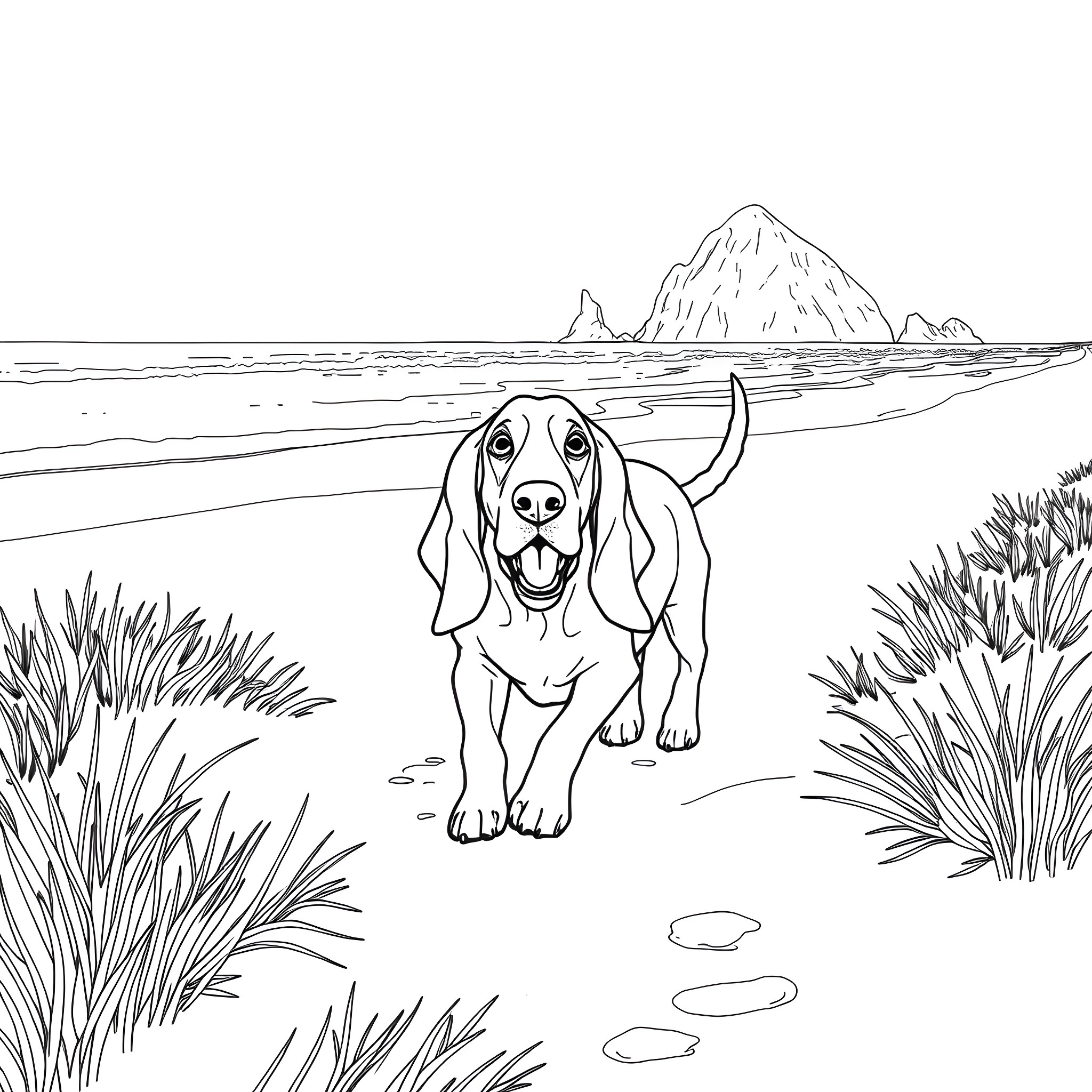 Basset Hound enjoying the beach scenery Coloring Page (free black-and-white line drawing printable PDF for all, from beginners to advanced learners, including children, teens, adults, and seniors)