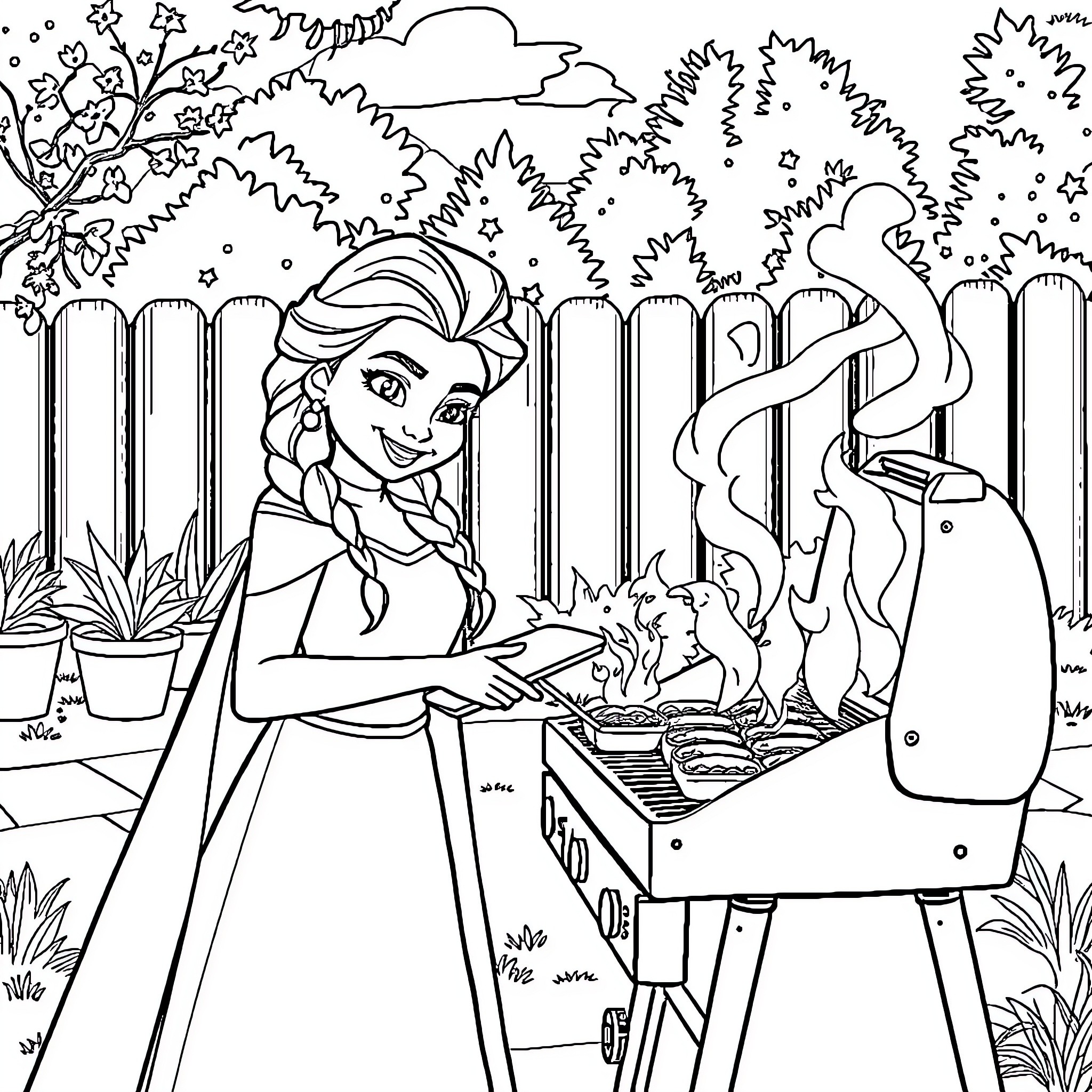 Elsa's outdoor art studio with playful critters Coloring Page (free black-and-white line drawing printable PDF for all, from beginners to advanced learners, including children, teens, adults, and seniors)