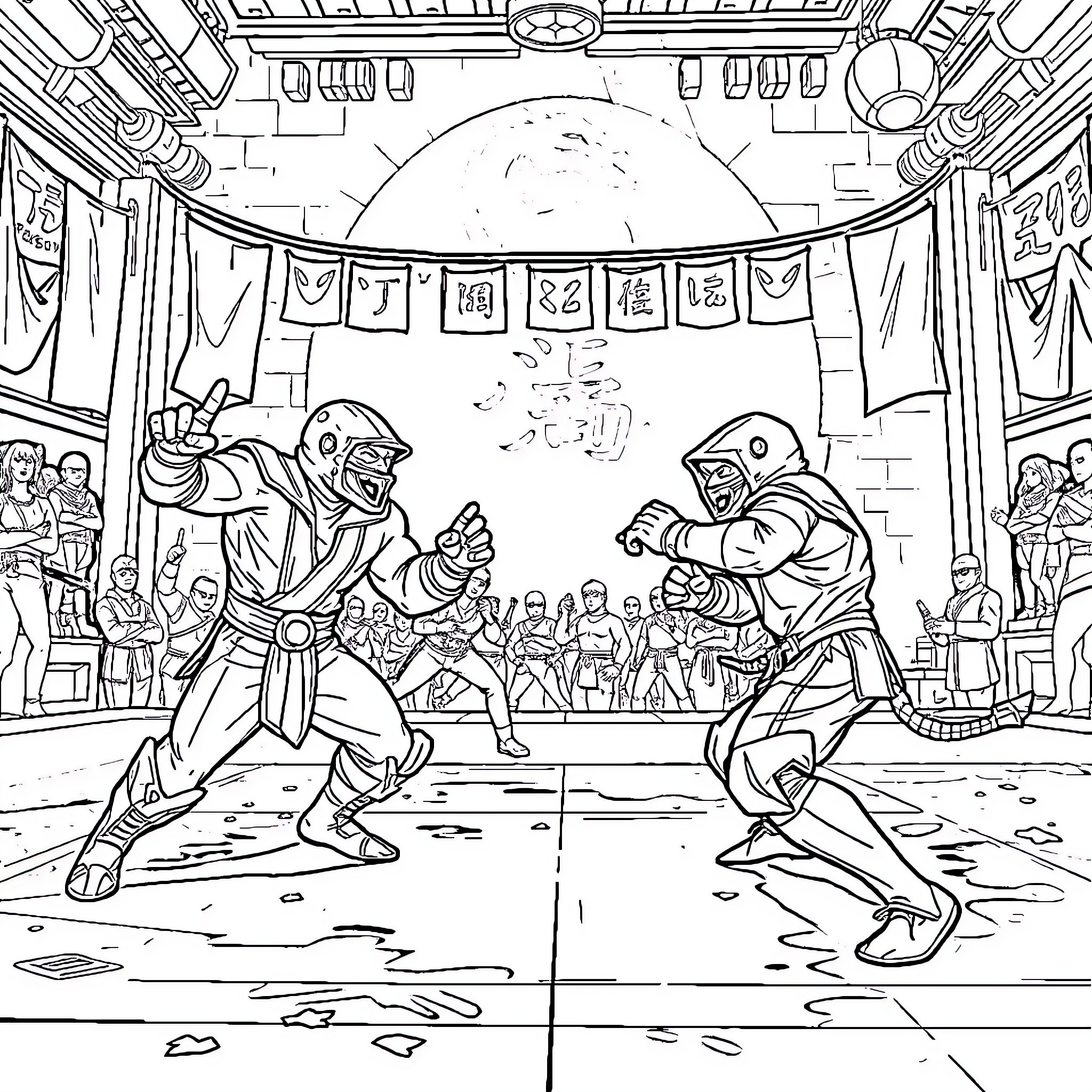 Mortal Kombat Fierce Battle in Arena Coloring Page (free black-and-white line drawing printable PDF for all, from beginners to advanced learners, including children, teens, adults, and seniors)