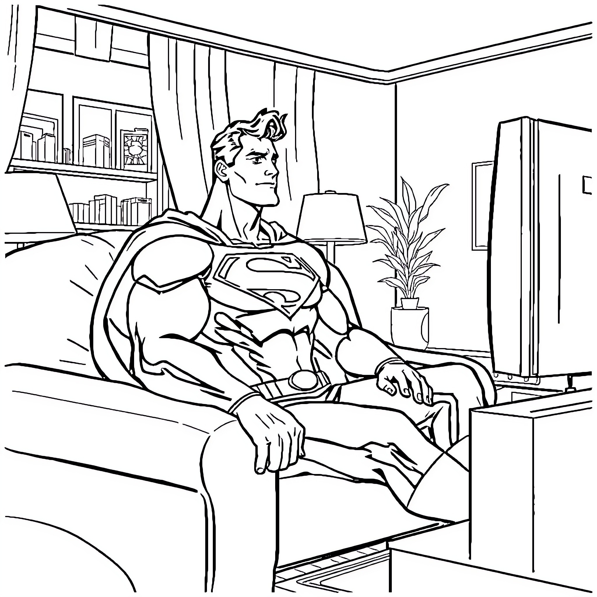 Superman resting in his private study Coloring Page (free black-and-white line drawing printable PDF for all, from beginners to advanced learners, including children, teens, adults, and seniors)