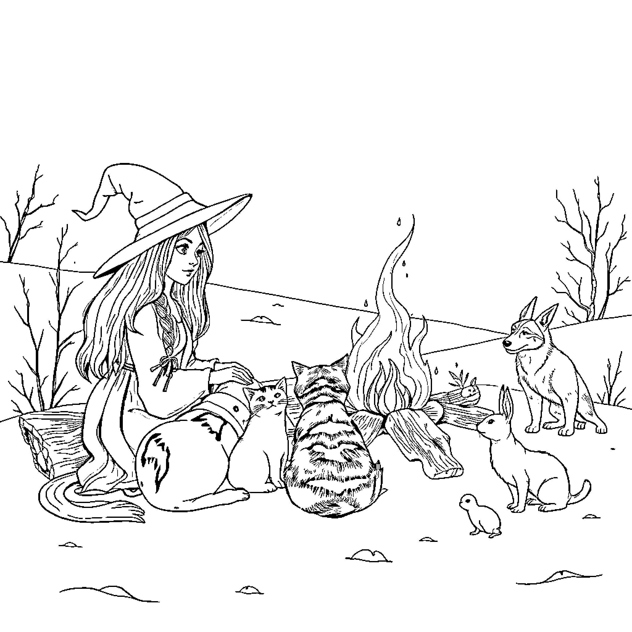 Witch Surrounded by Woodland Creatures in Nature Coloring Page (free black-and-white line drawing printable PDF for all, from beginners to advanced learners, including children, teens, adults, and seniors)