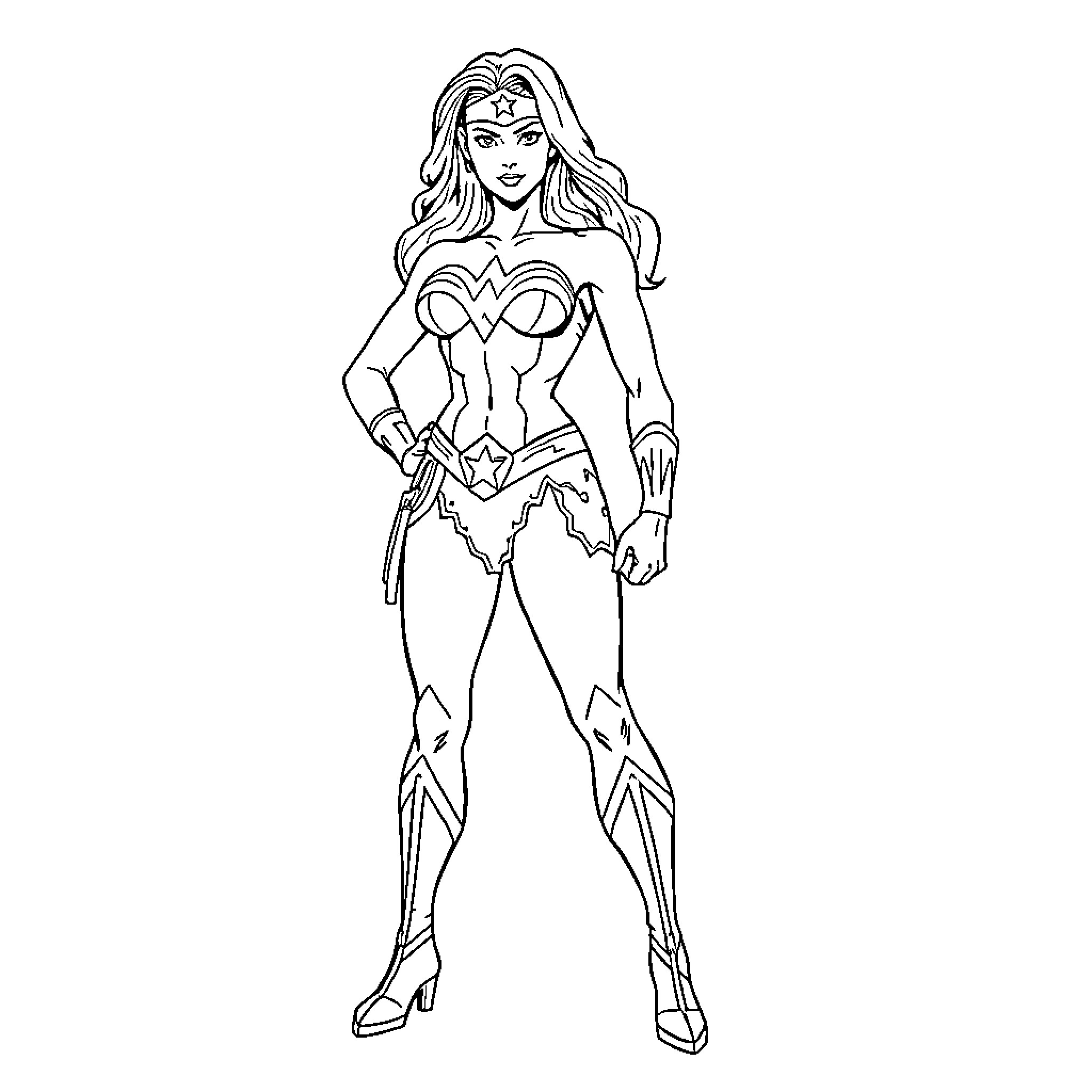 Wonder Woman in heroic action pose Coloring Page (free black-and-white line drawing printable PDF for all, from beginners to advanced learners, including children, teens, adults, and seniors)