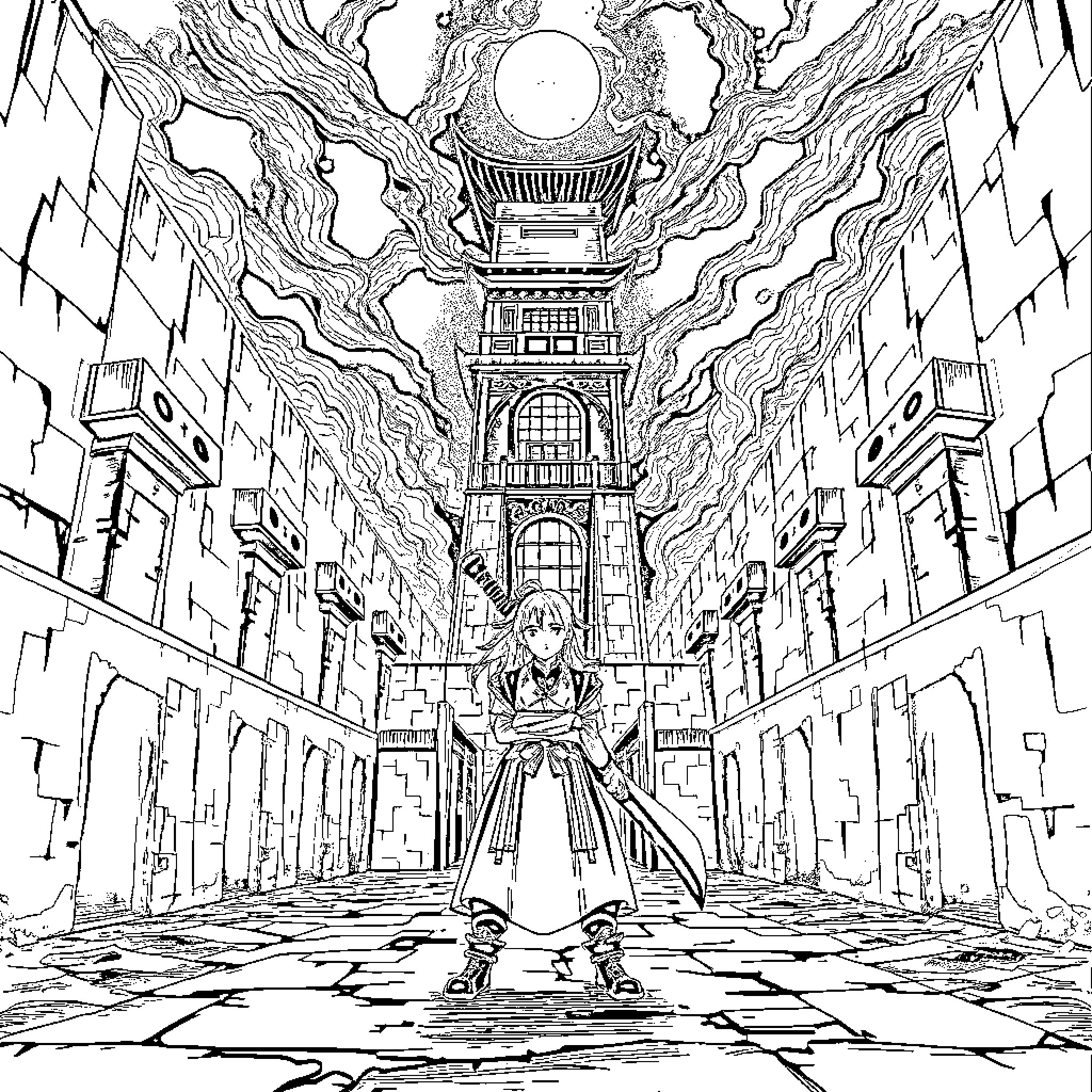 Tanjiro's Unwavering Resolve in a Captivating Realm Coloring Page (free black-and-white line drawing printable PDF for all, from beginners to advanced learners, including children, teens, adults, and seniors)