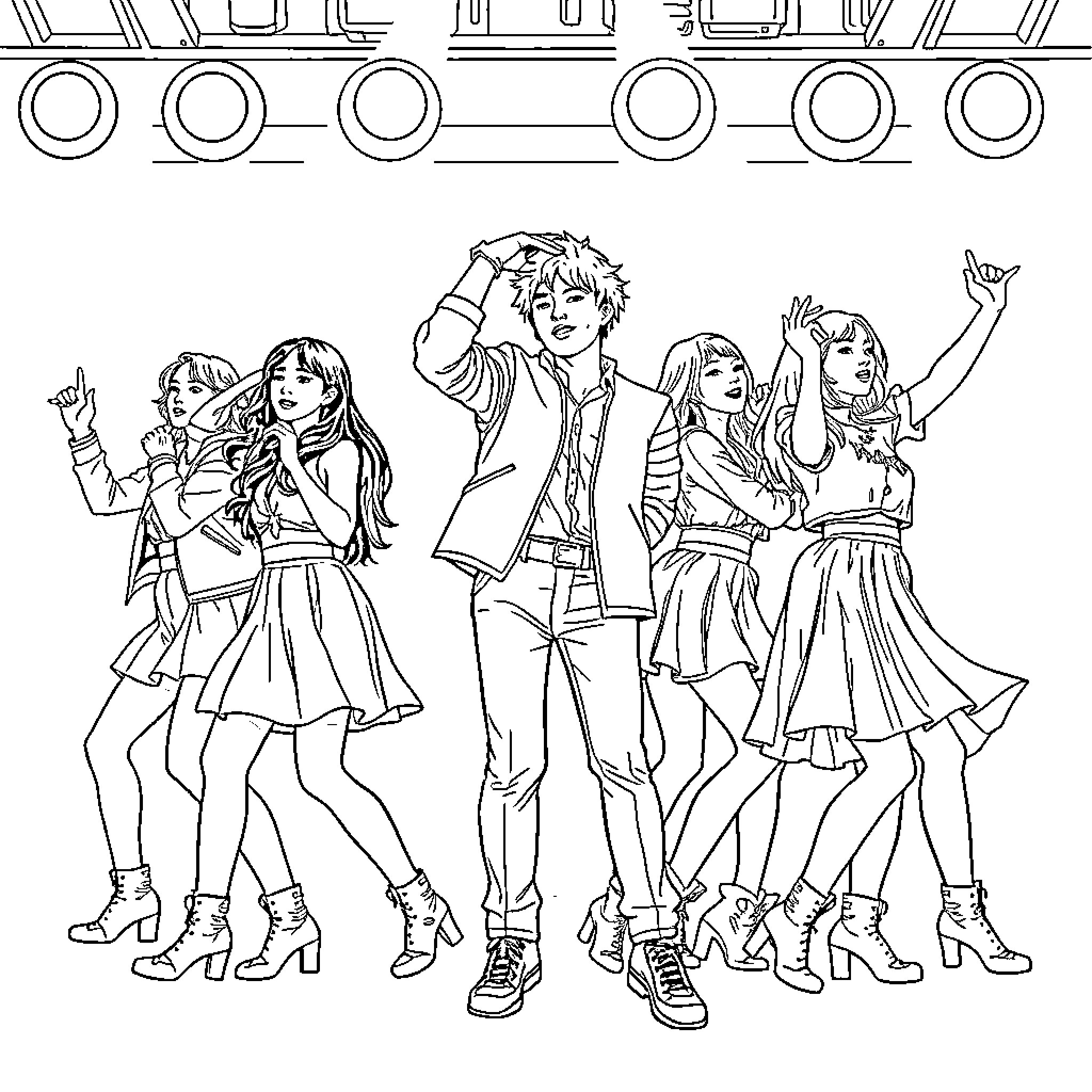 Kpop Group Performing on Stage with Energetic Poses Coloring Page (free black-and-white line drawing printable PDF for all, from beginners to advanced learners, including children, teens, adults, and seniors)
