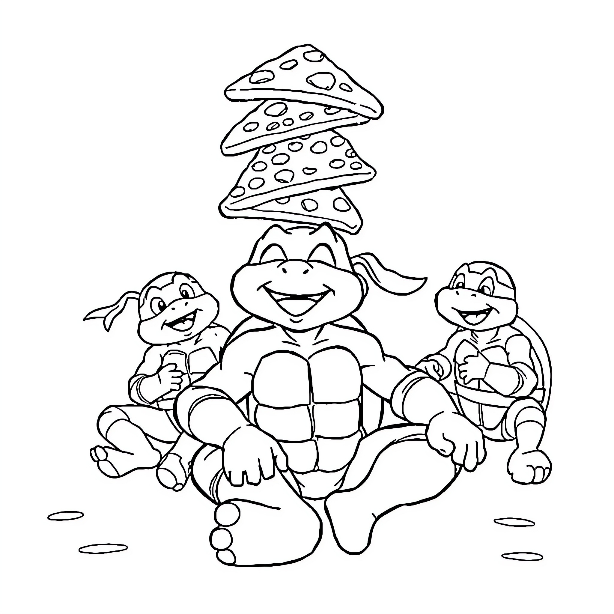 Michelangelo and Turtles Enjoying a Mushroom Tree Coloring Page (free black-and-white line drawing printable PDF for all, from beginners to advanced learners, including children, teens, adults, and seniors)