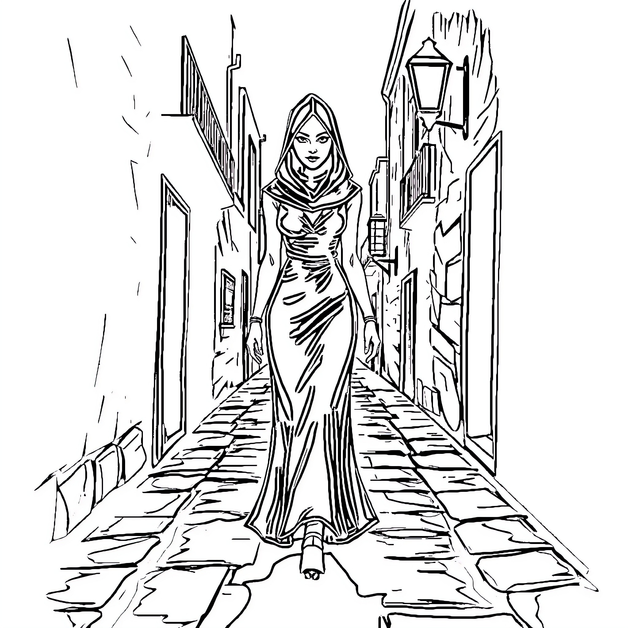 Dama Enlutada - Woman in Mourning Walking Through Alley Coloring Page (free black-and-white line drawing printable PDF for all, from beginners to advanced learners, including children, teens, adults, and seniors)