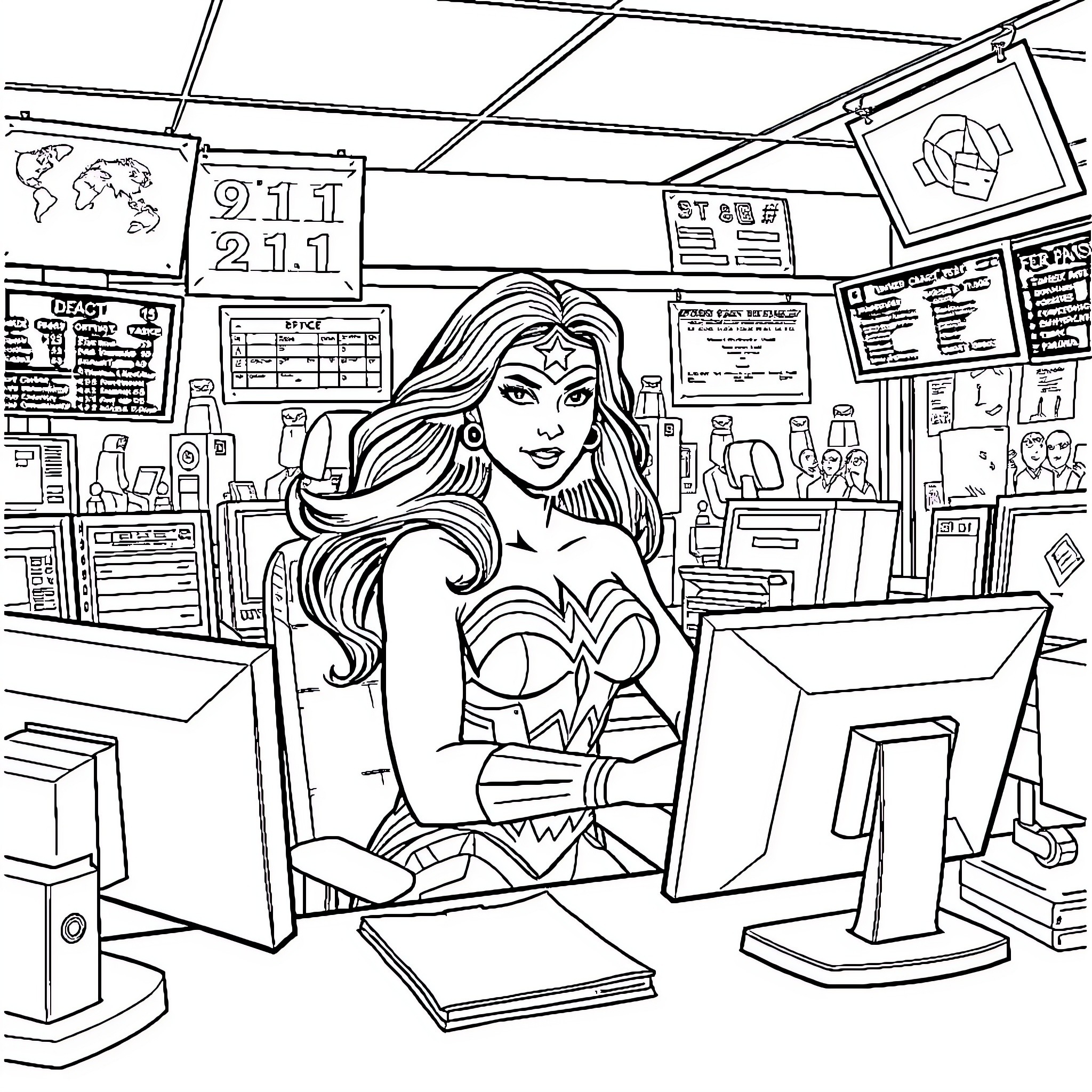 Wonder Woman Monitors the Command Center Coloring Page (free black-and-white line drawing printable PDF for all, from beginners to advanced learners, including children, teens, adults, and seniors)