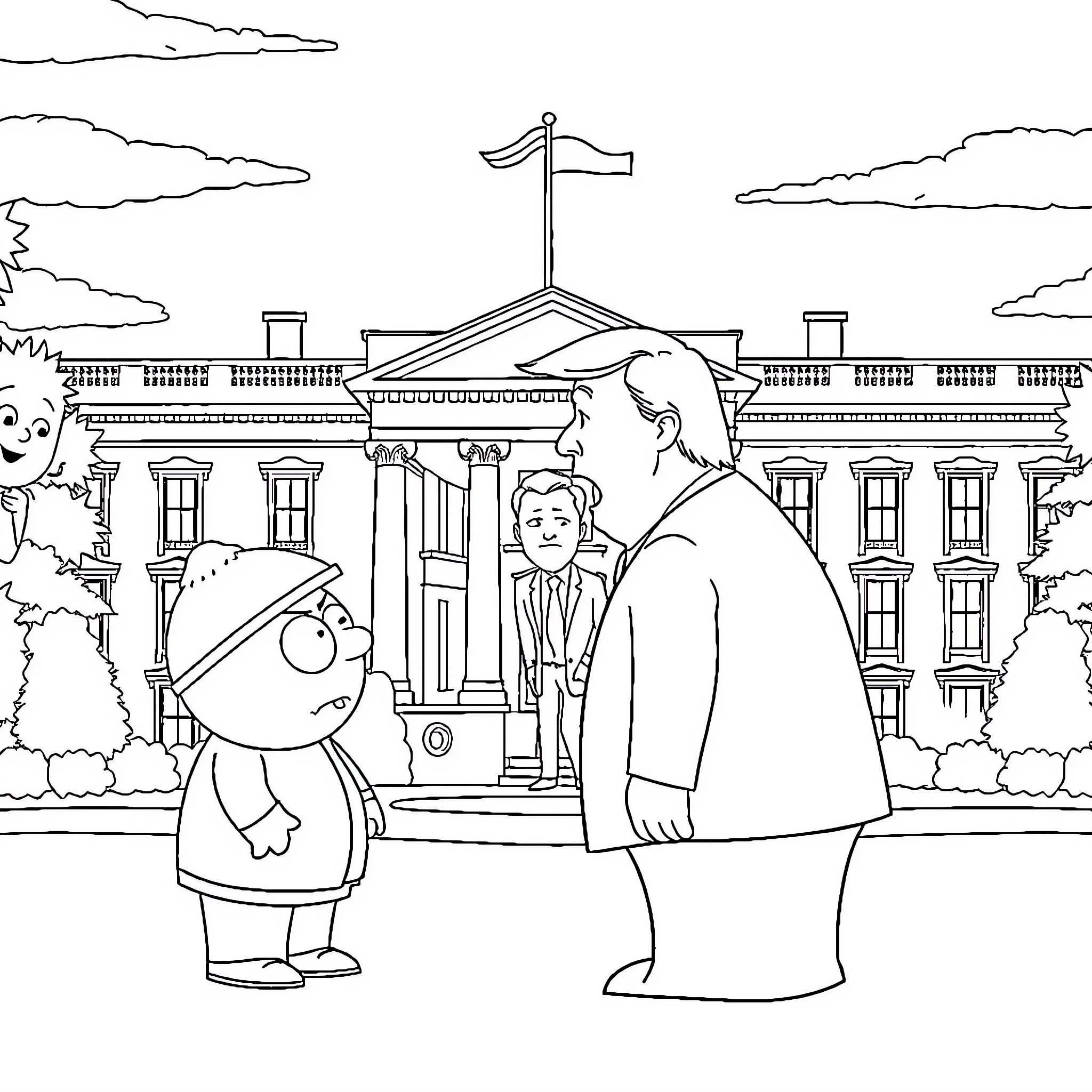 Cartman Visits the White House with Friends Coloring Page (free black-and-white line drawing printable PDF for all, from beginners to advanced learners, including children, teens, adults, and seniors)