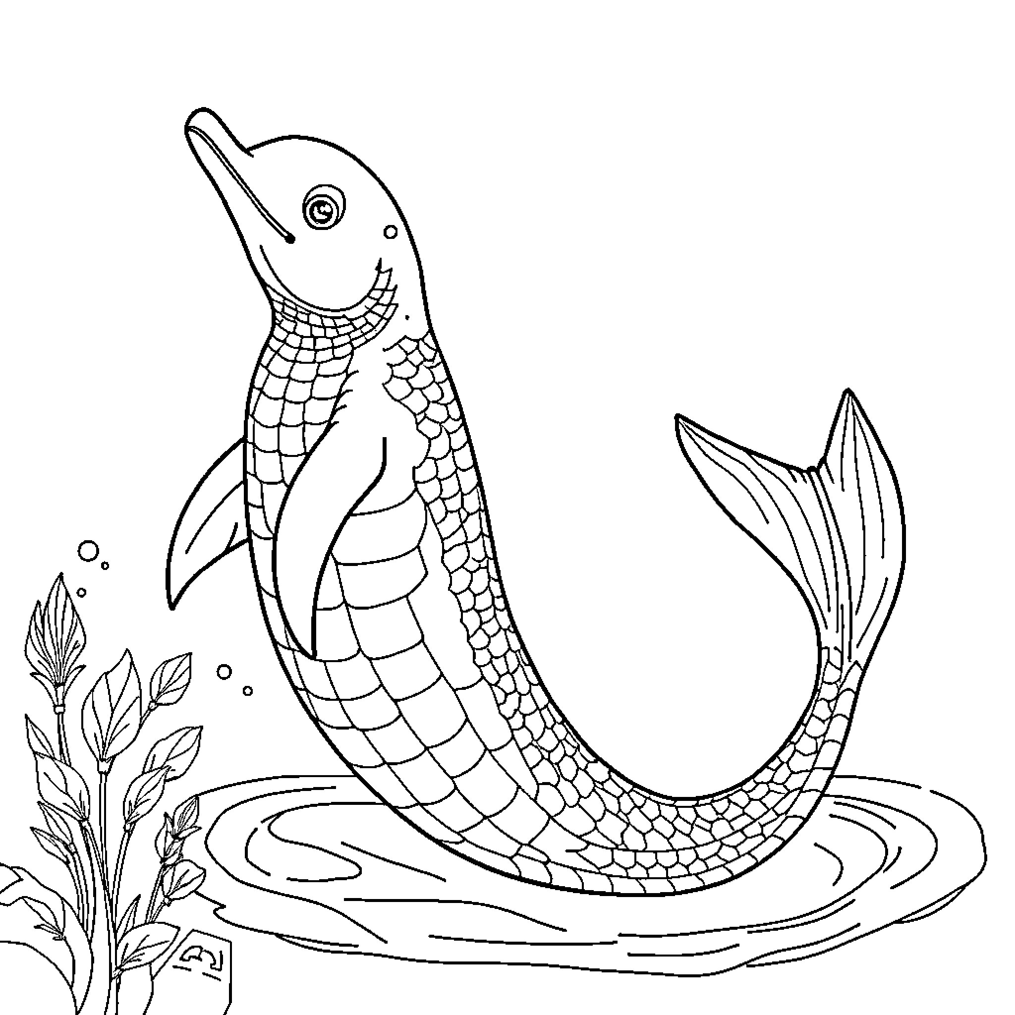 Mermaid swimming joyfully in the ocean Coloring Page (free black-and-white line drawing printable PDF for all, from beginners to advanced learners, including children, teens, adults, and seniors)