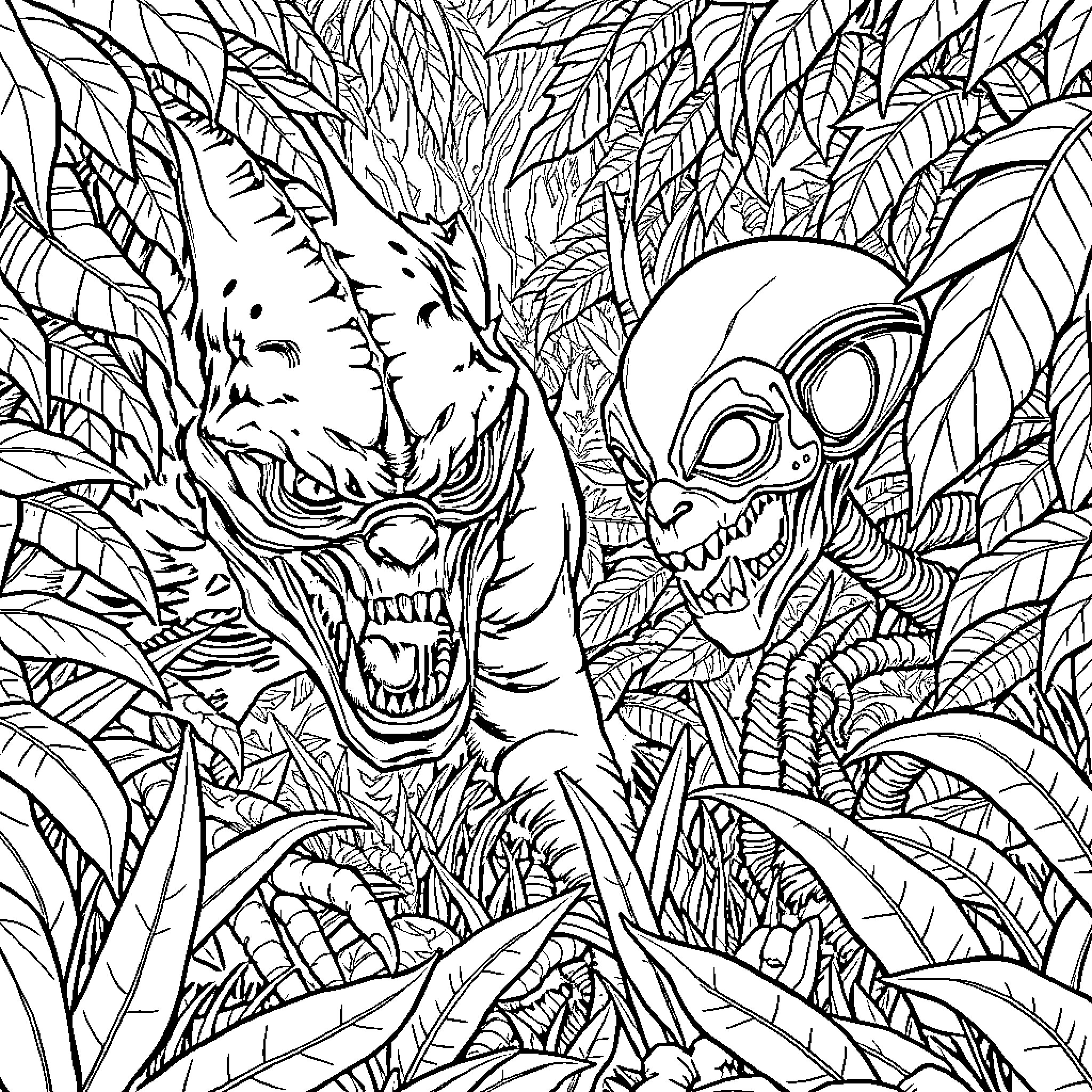 Predator's Jungle Encounter Coloring Page (free black-and-white line drawing printable PDF for all, from beginners to advanced learners, including children, teens, adults, and seniors)