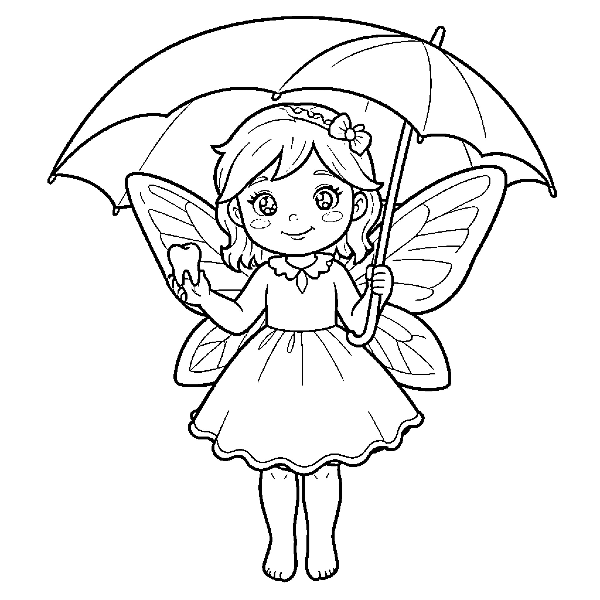 Tooth Fairy holding a tooth under a large umbrella Coloring Page (free black-and-white line drawing printable PDF for all, from beginners to advanced learners, including children, teens, adults, and seniors)