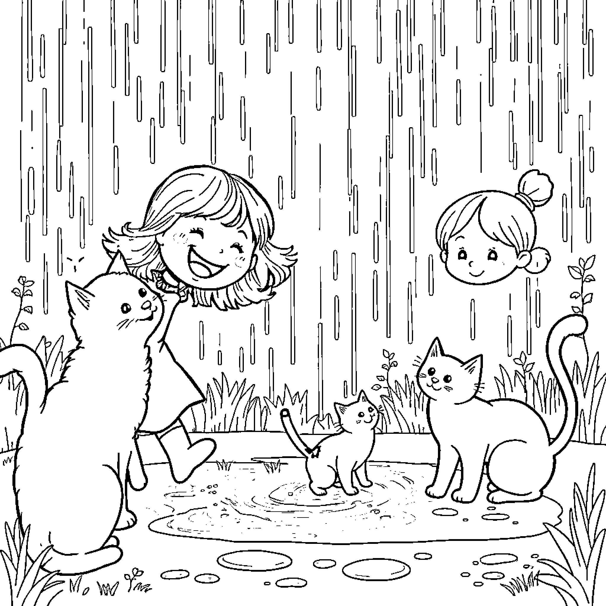 Cat friends playing in the rain Coloring Page (free black-and-white line drawing printable PDF for all, from beginners to advanced learners, including children, teens, adults, and seniors)