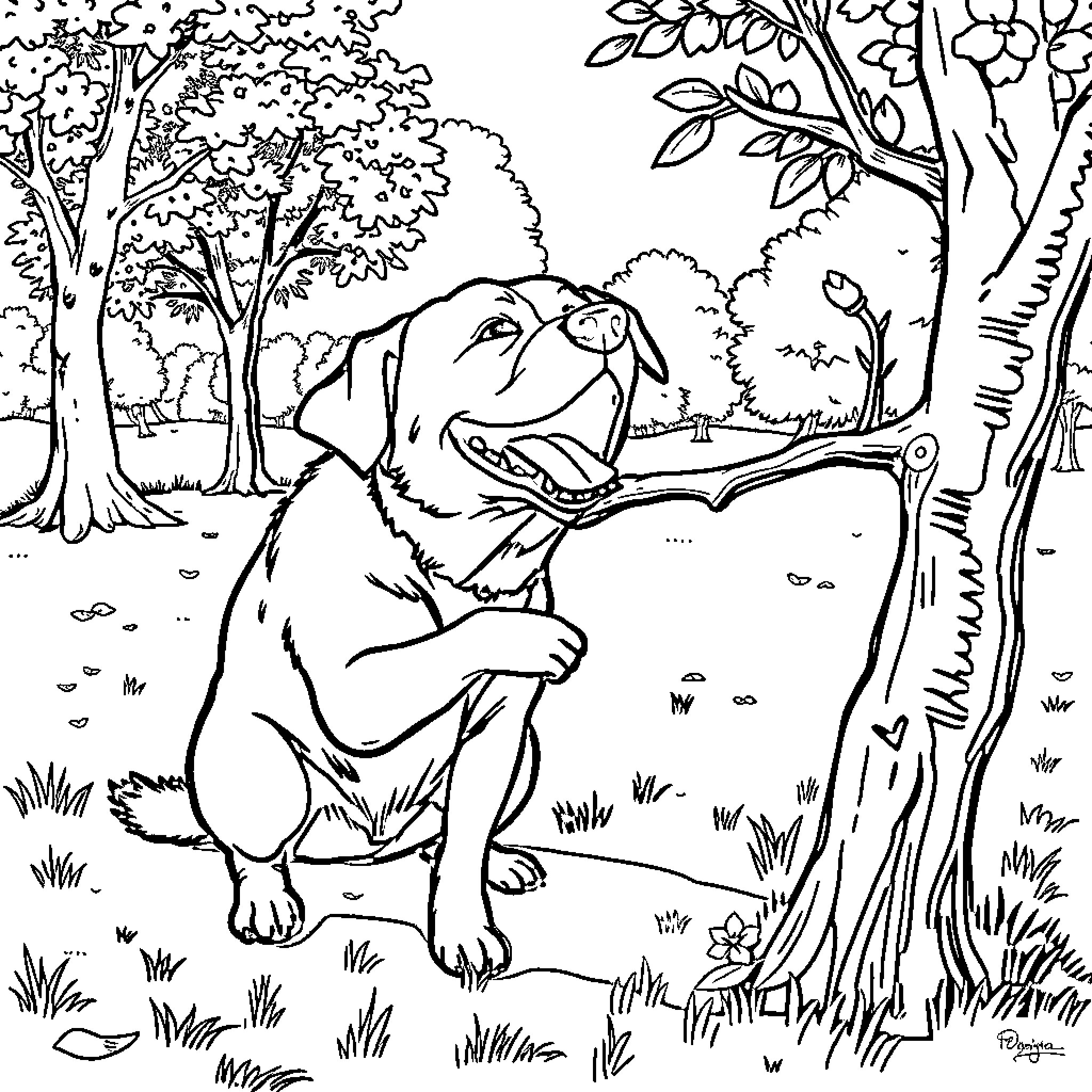 Dog enjoying a book in the forest Coloring Page (free black-and-white line drawing printable PDF for all, from beginners to advanced learners, including children, teens, adults, and seniors)