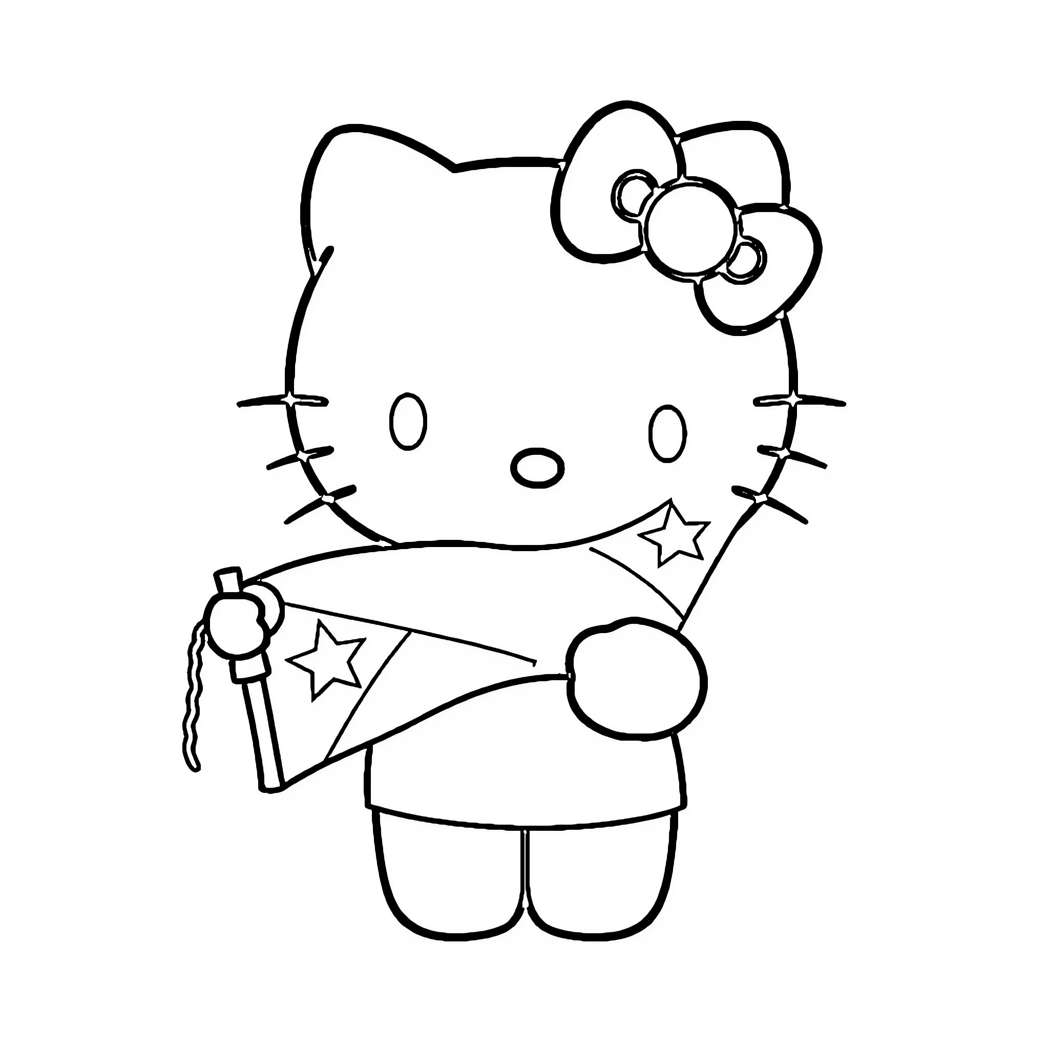 Hello Kitty holding a magic wand Coloring Page (free black-and-white line drawing printable PDF for all, from beginners to advanced learners, including children, teens, adults, and seniors)