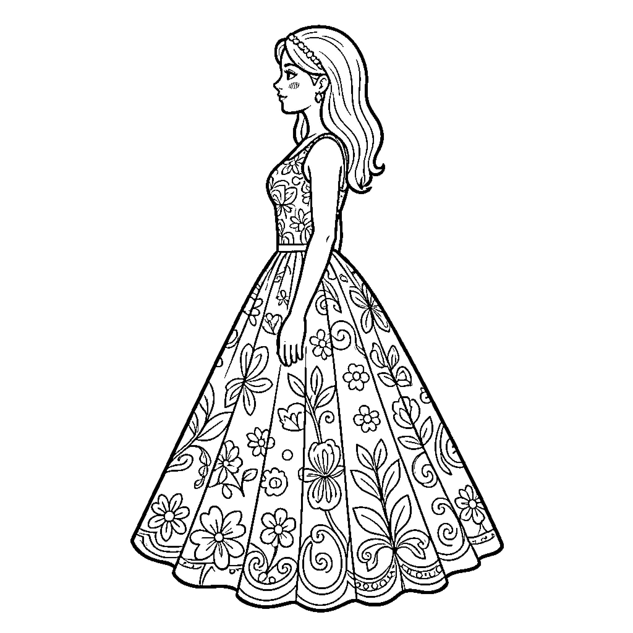 Mafalda in a Floral Dress with Ornate Pattern Coloring Page (free black-and-white line drawing printable PDF for all, from beginners to advanced learners, including children, teens, adults, and seniors)